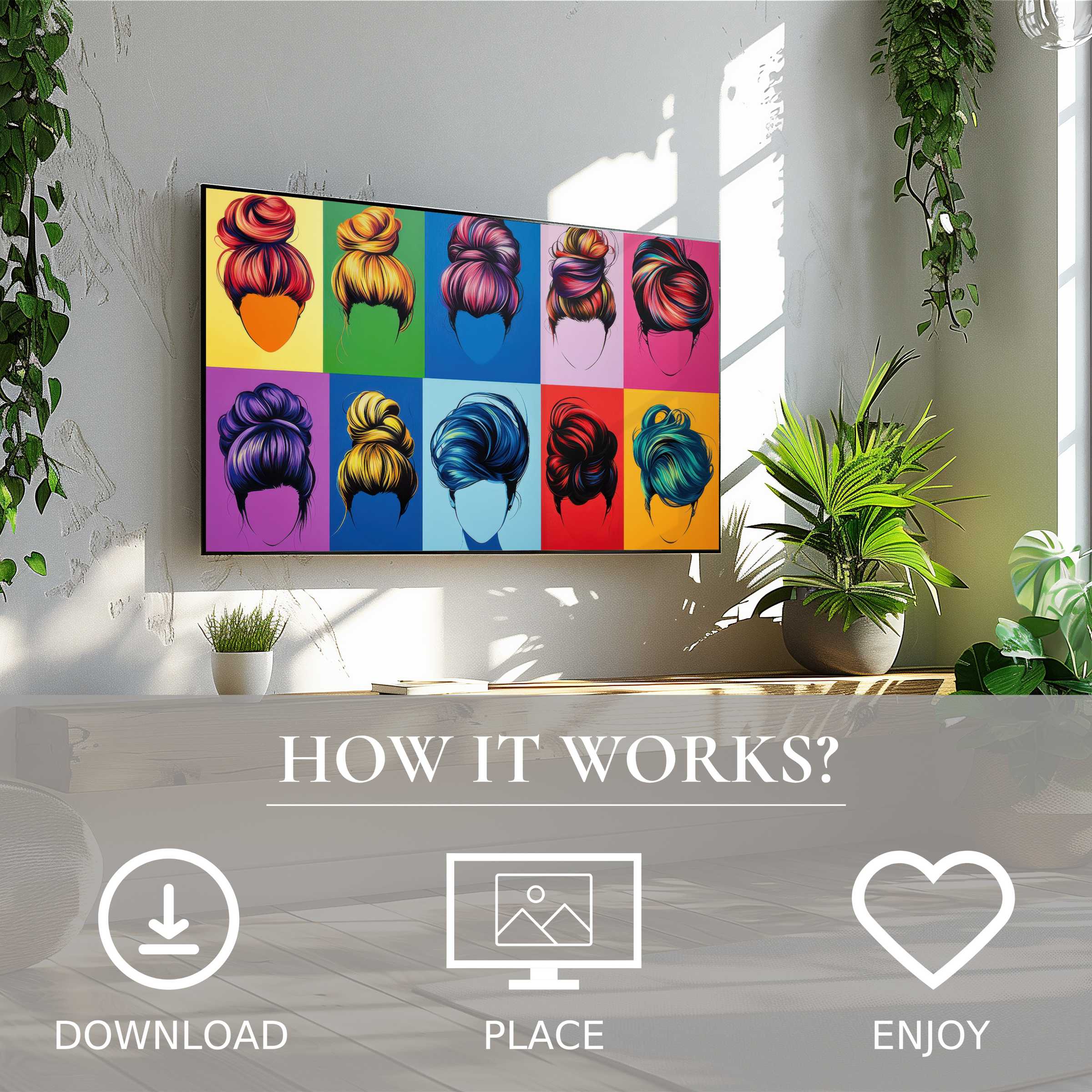 Bright pop art art for Samsung TV shows colorful hair motifs, easy digital download enriches modern living spaces