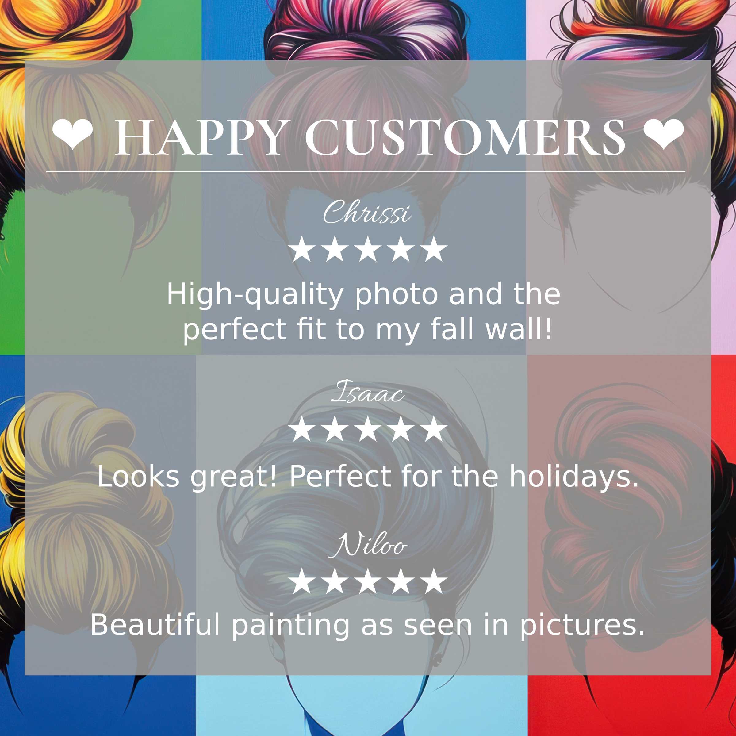 Pop art for Frame TV with abstract sunset hues and a happy customer theme showcasing trusted elegant reviews