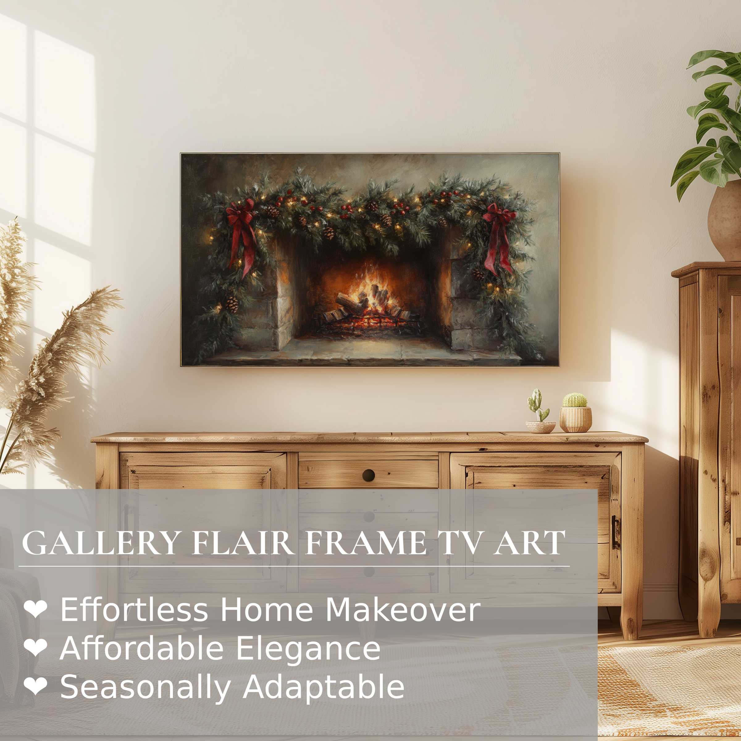 Samsung Frame TV displaying elegant christmas digital artwork of cozy fireplace with garlands in modern home