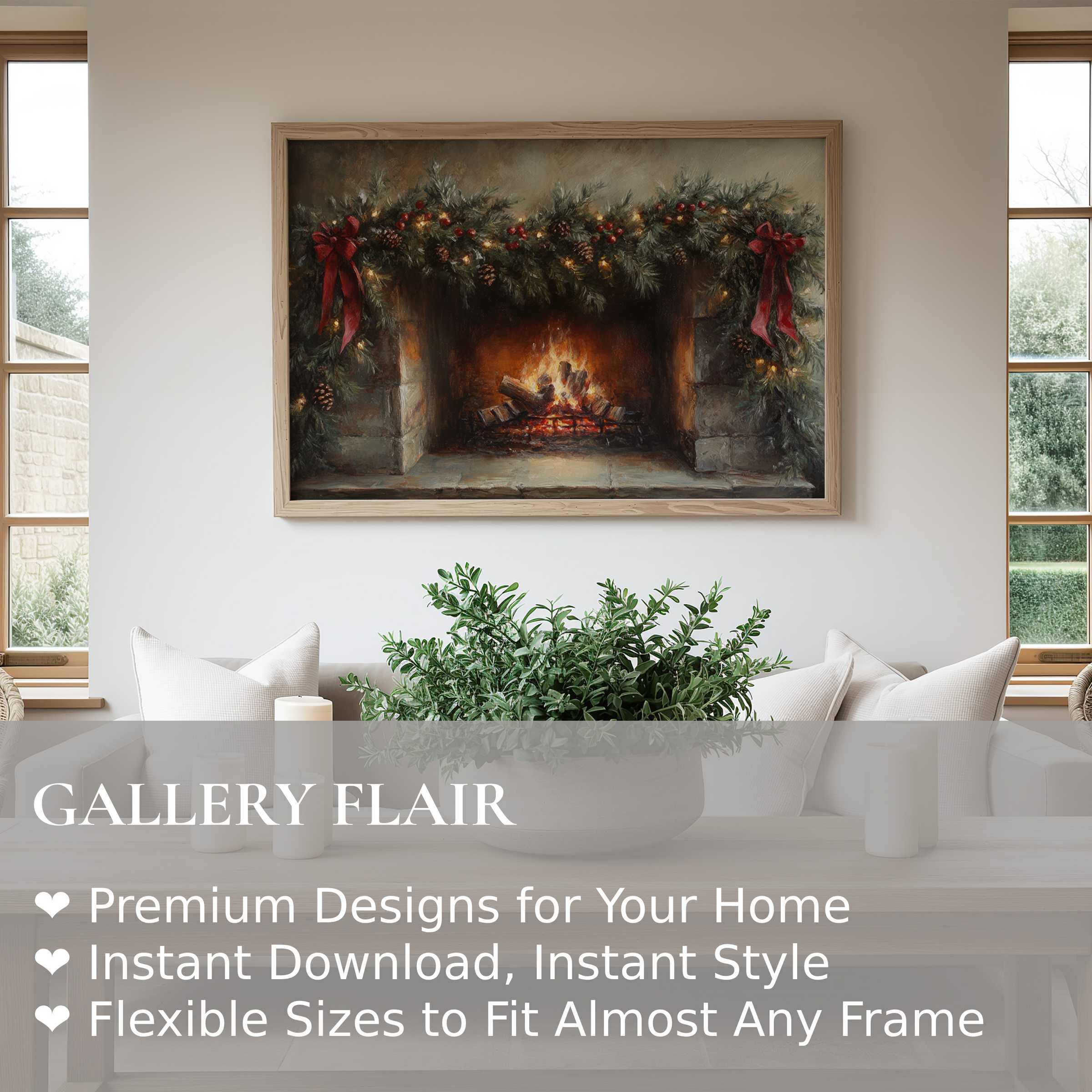 Christmas wall art print of a glowing fireplace with festive greenery and red bows, enriching modern minimal decor with warm, cozy elegance