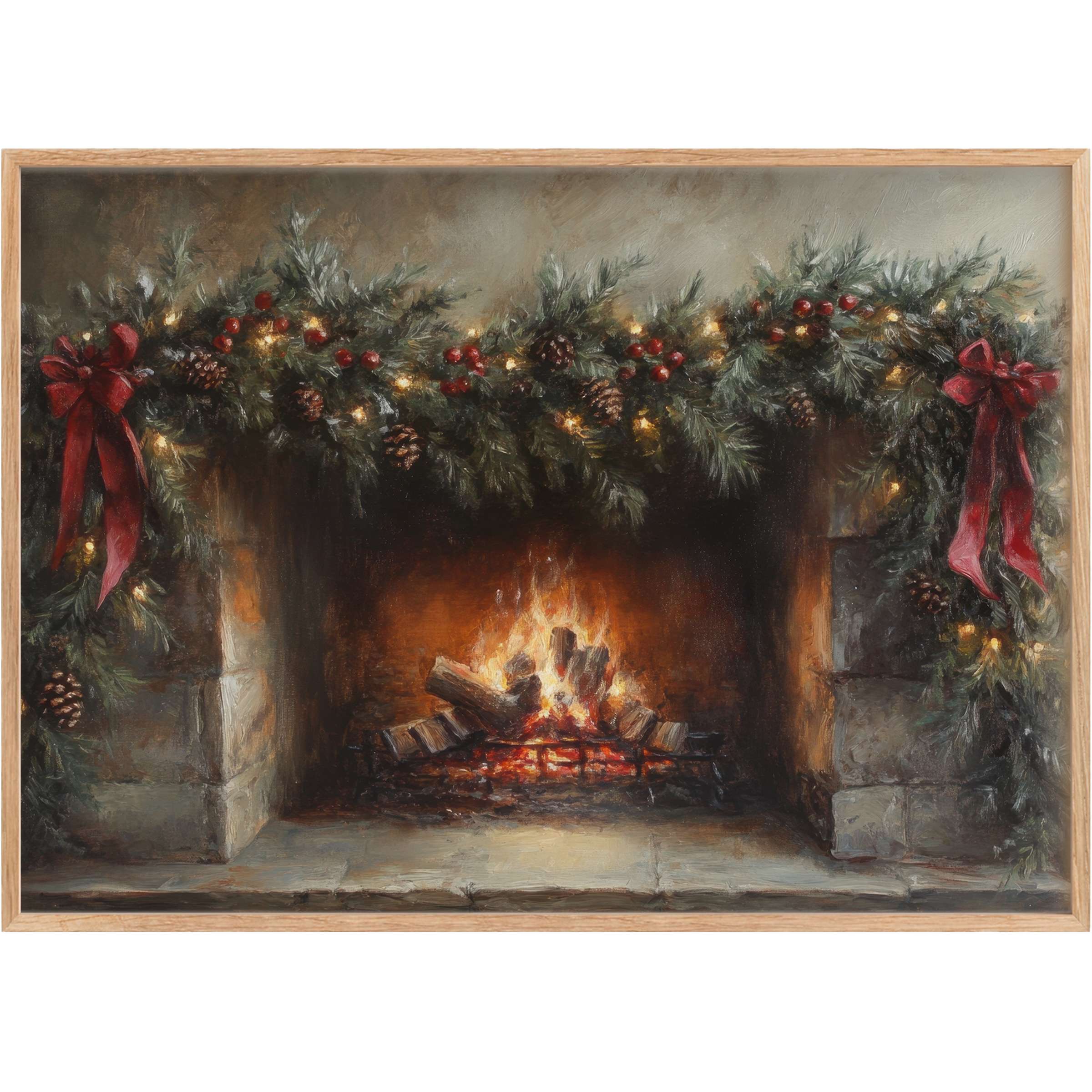 Christmas printable wall art with glowing fireplace, lush pine garland, red berries, and warm amber tones evoking cozy elegance