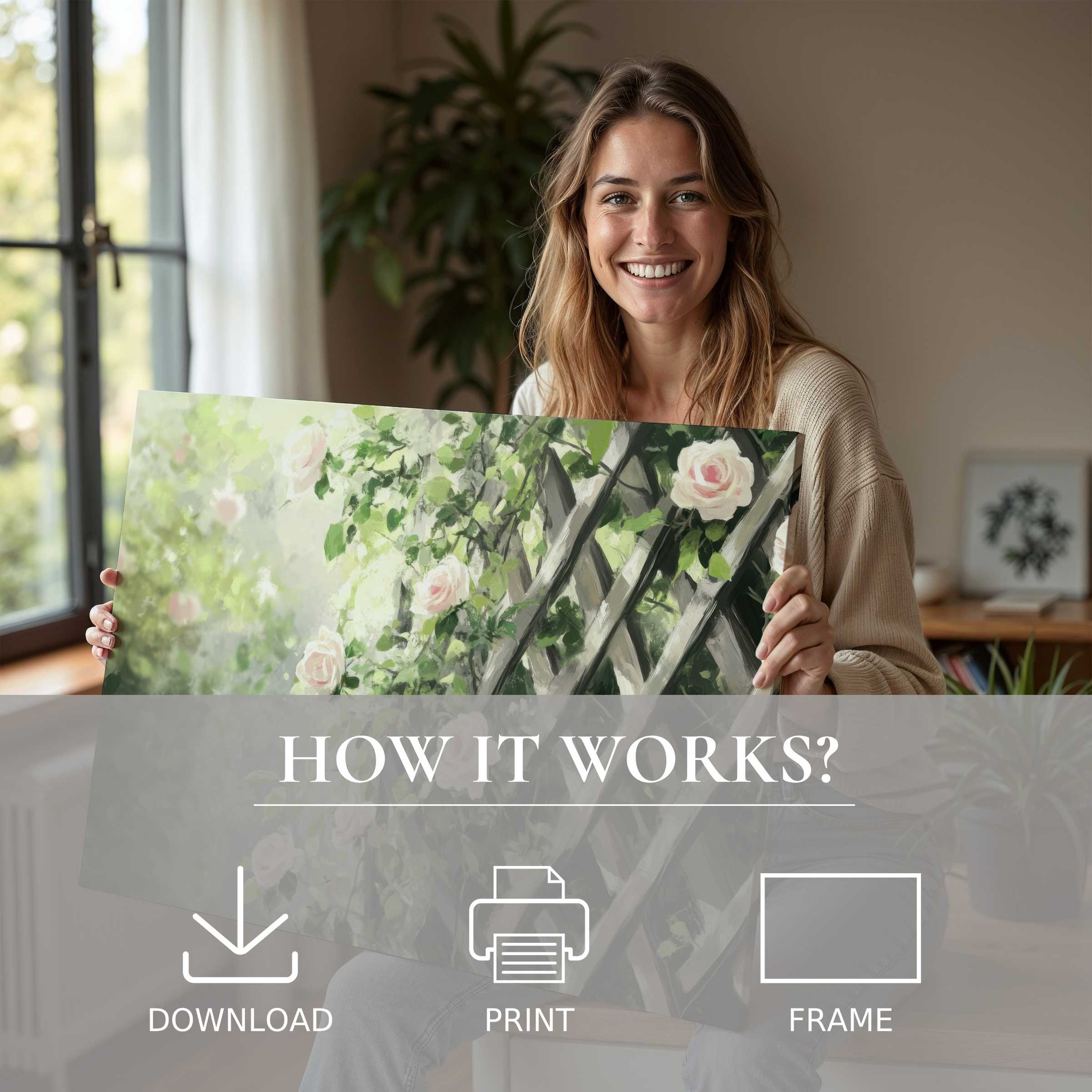 A radiant woman in a serene, sunlit room embraces a spring digital art print, embodying joy and effortless artful living