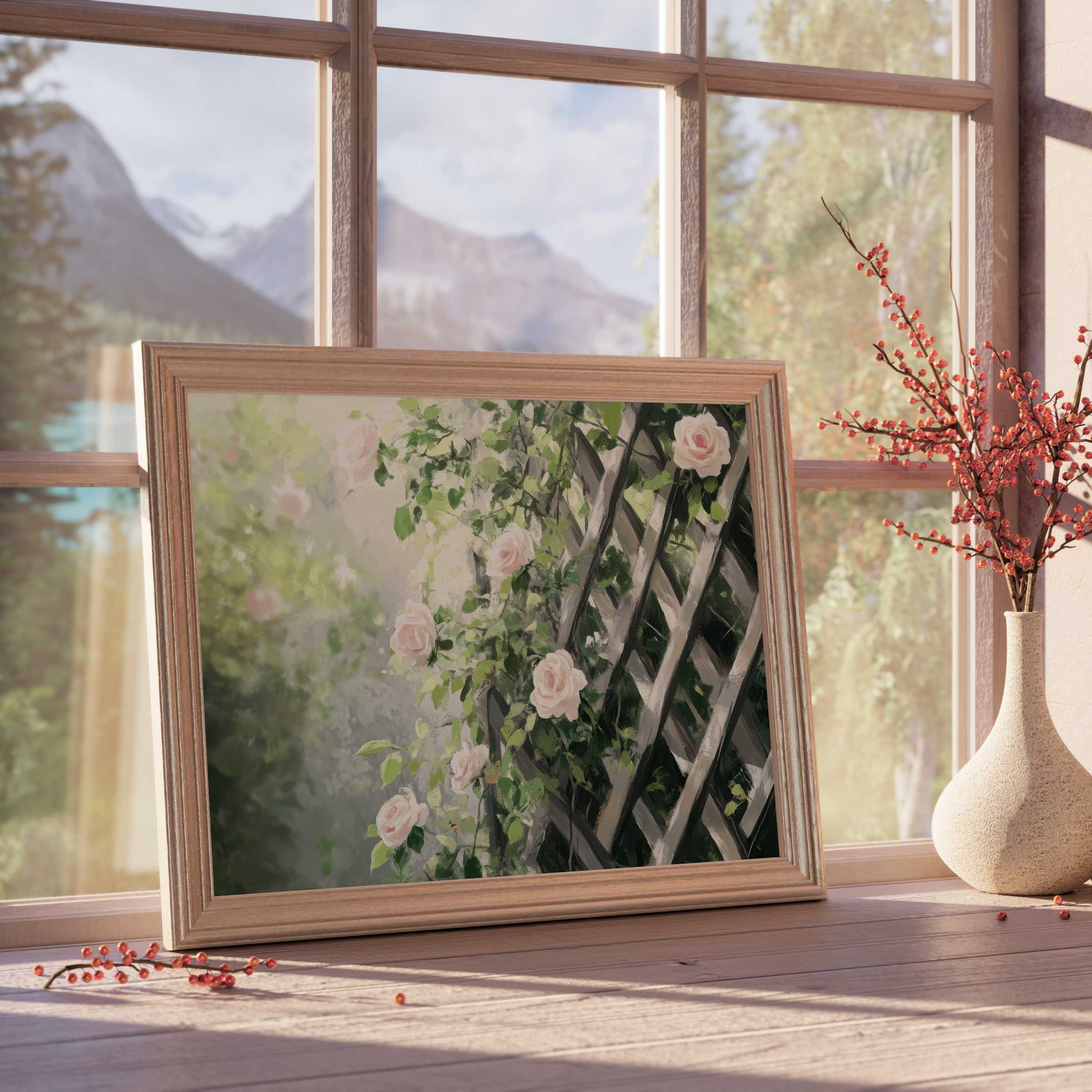 Spring downloadable art featuring delicate blush roses entwined on lattice in soft sunlight, elevating tranquil, curated interiors with botanical elegance