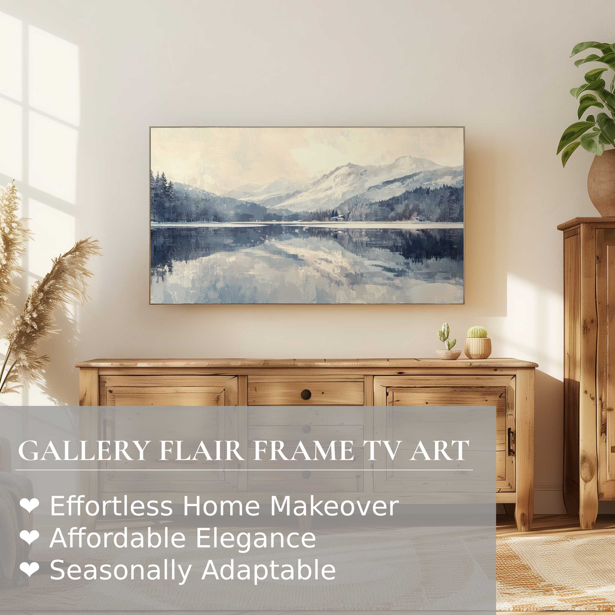 Serene winter digital artwork of mountains and lake displayed on Samsung Frame TV in modern, elegant living space