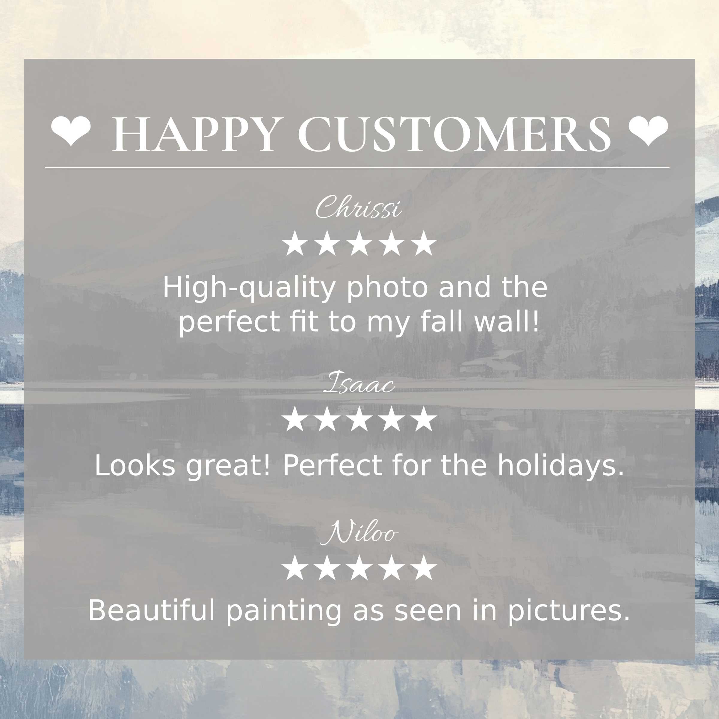 Winter art for Frame TV with serene mountain lake backdrop, showcasing happy customer reviews and refined trust