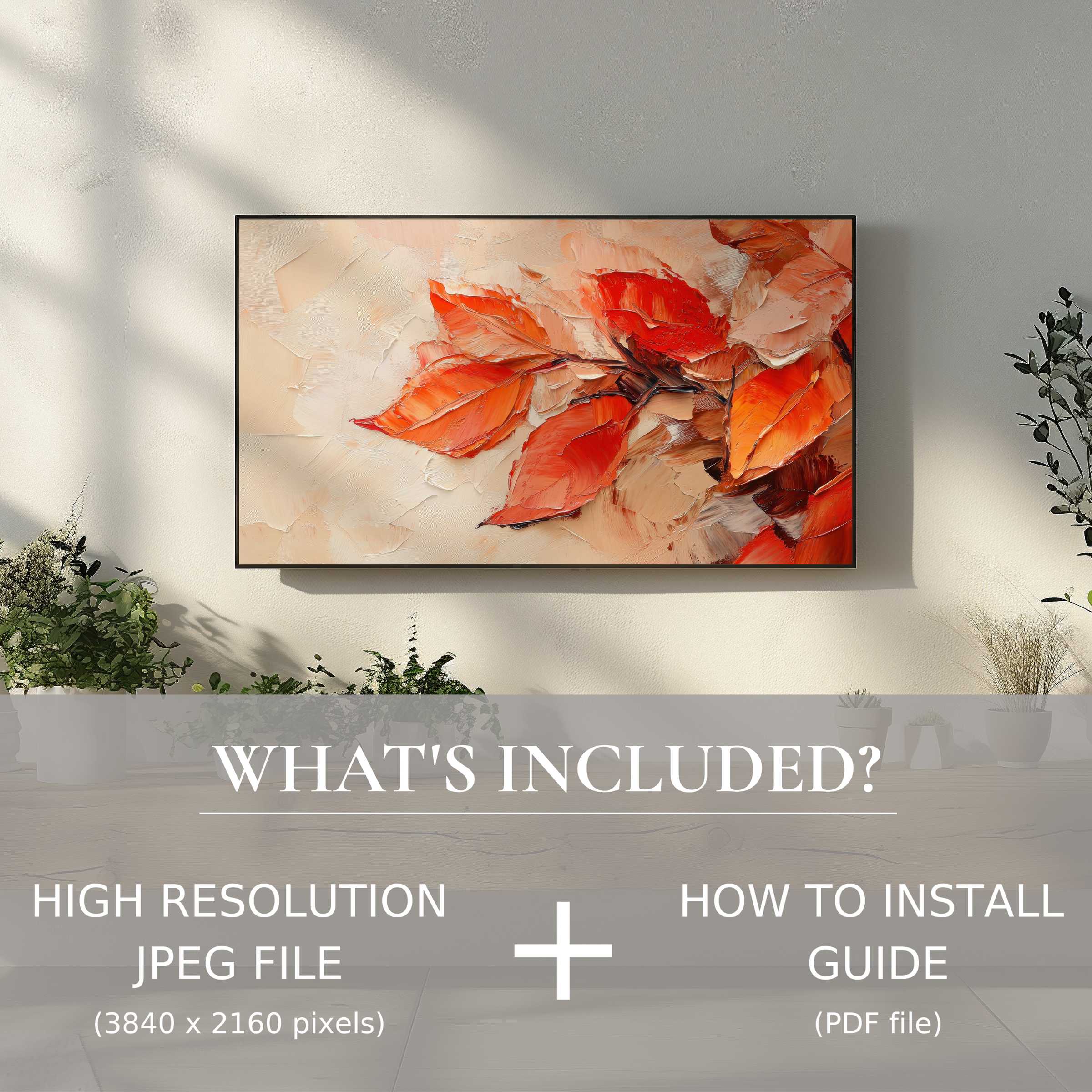 Elegant fall digital TV art download with vibrant leaves, easy to use, enhancing any stylish living space