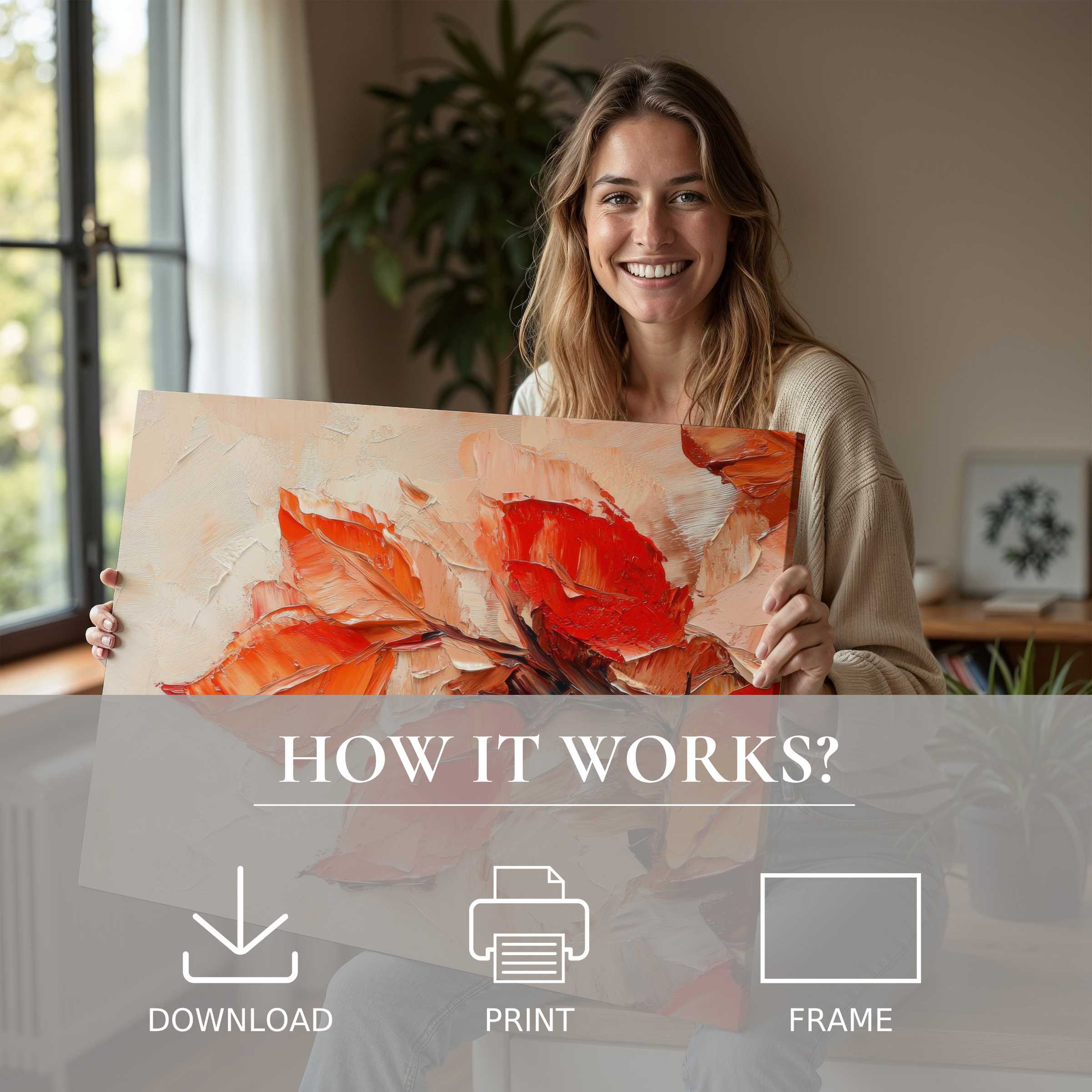 Bright fall digital art print held by a joyful woman in a chic living room, embodying effortless warmth and artistic connection
