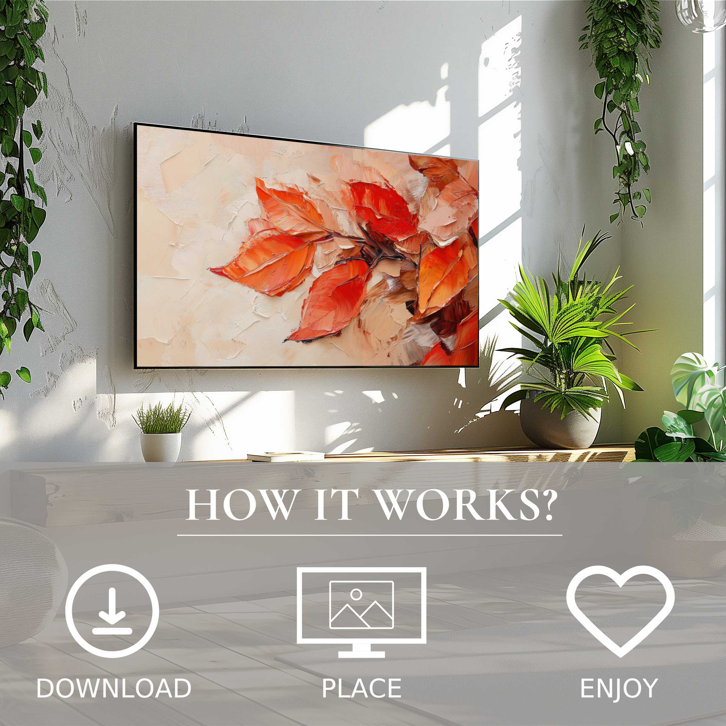 Fall art for Samsung TV shows warm orange leaves in soft brushstrokes, a simple digital download to enrich modern spaces
