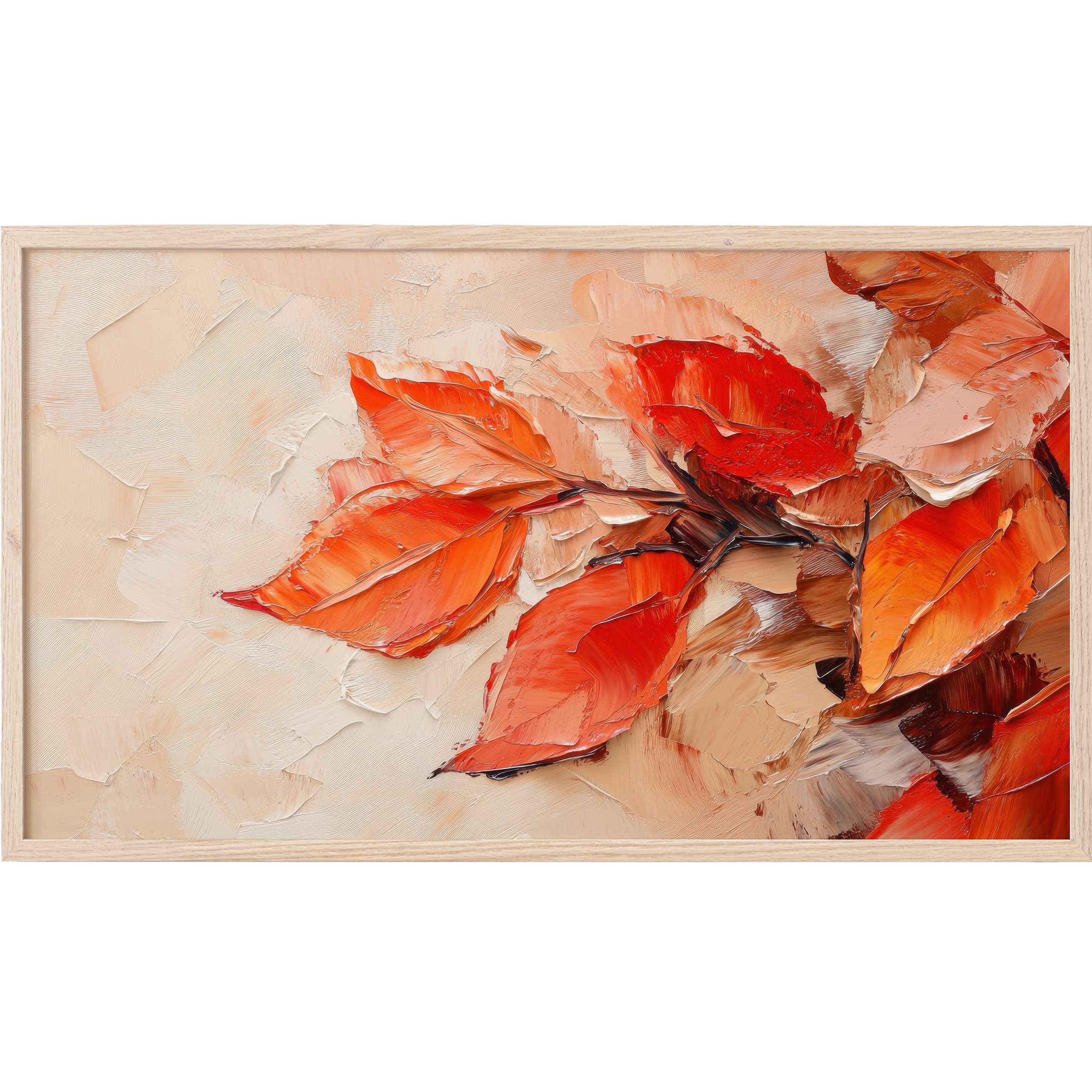 Fall Frame TV Art showcases vibrant, textured orange and red leaves in an elegant, modern palette and style