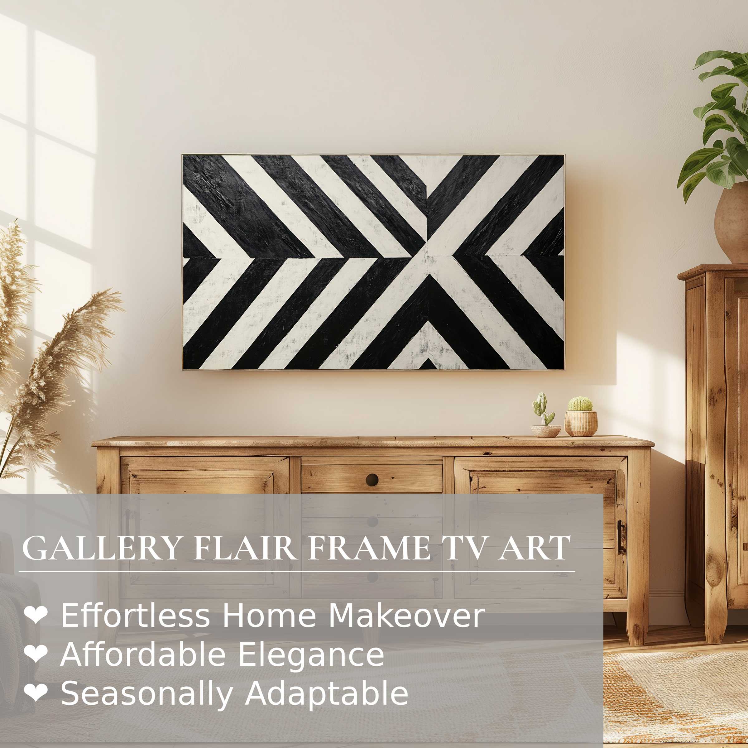 Modern living room featuring a Samsung Frame TV with bold black and white digital artwork in a natural wood setting