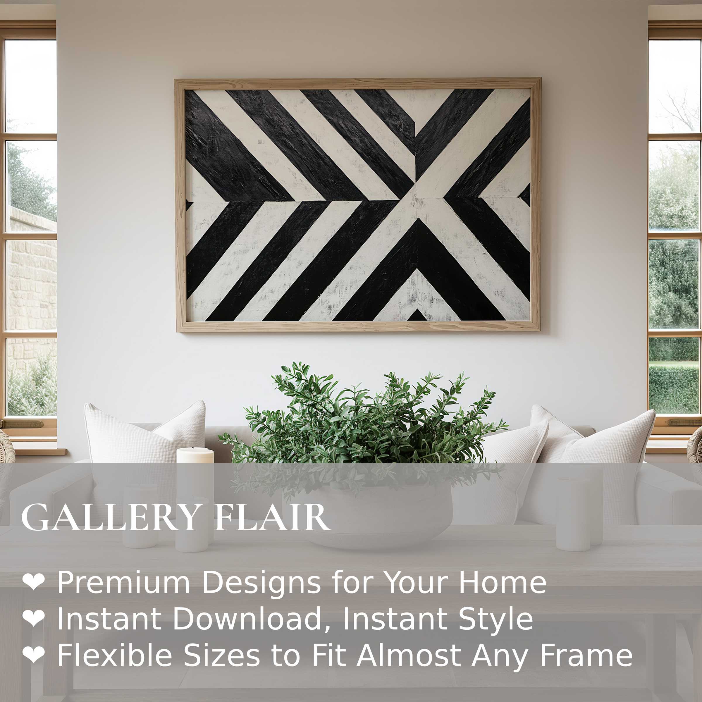 Bold black and white wall art print with striking geometric patterns, elevating minimalist and Scandinavian interiors with modern sophistication
