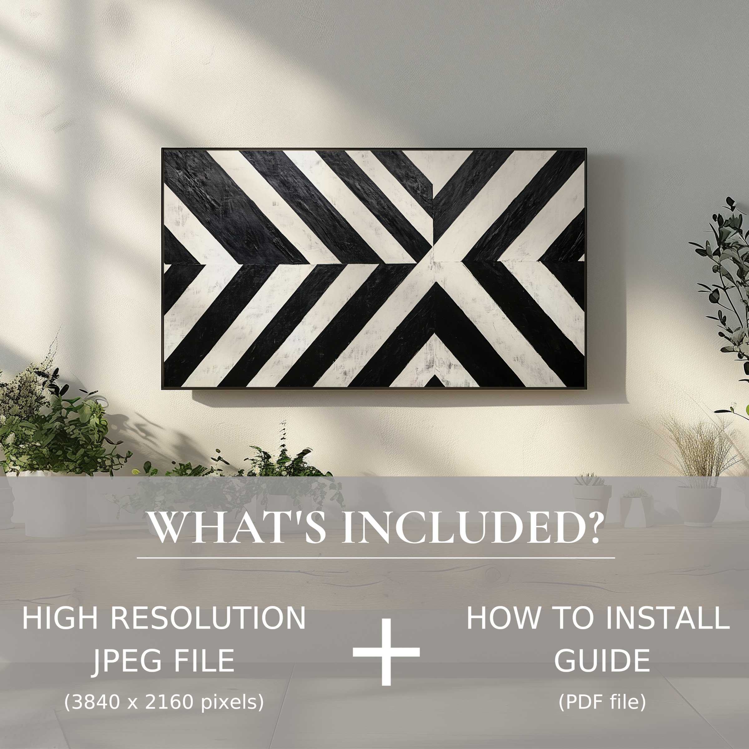 Elegant black and white digital TV art download enhances chic living spaces with easy, high-res digital use and installation guide