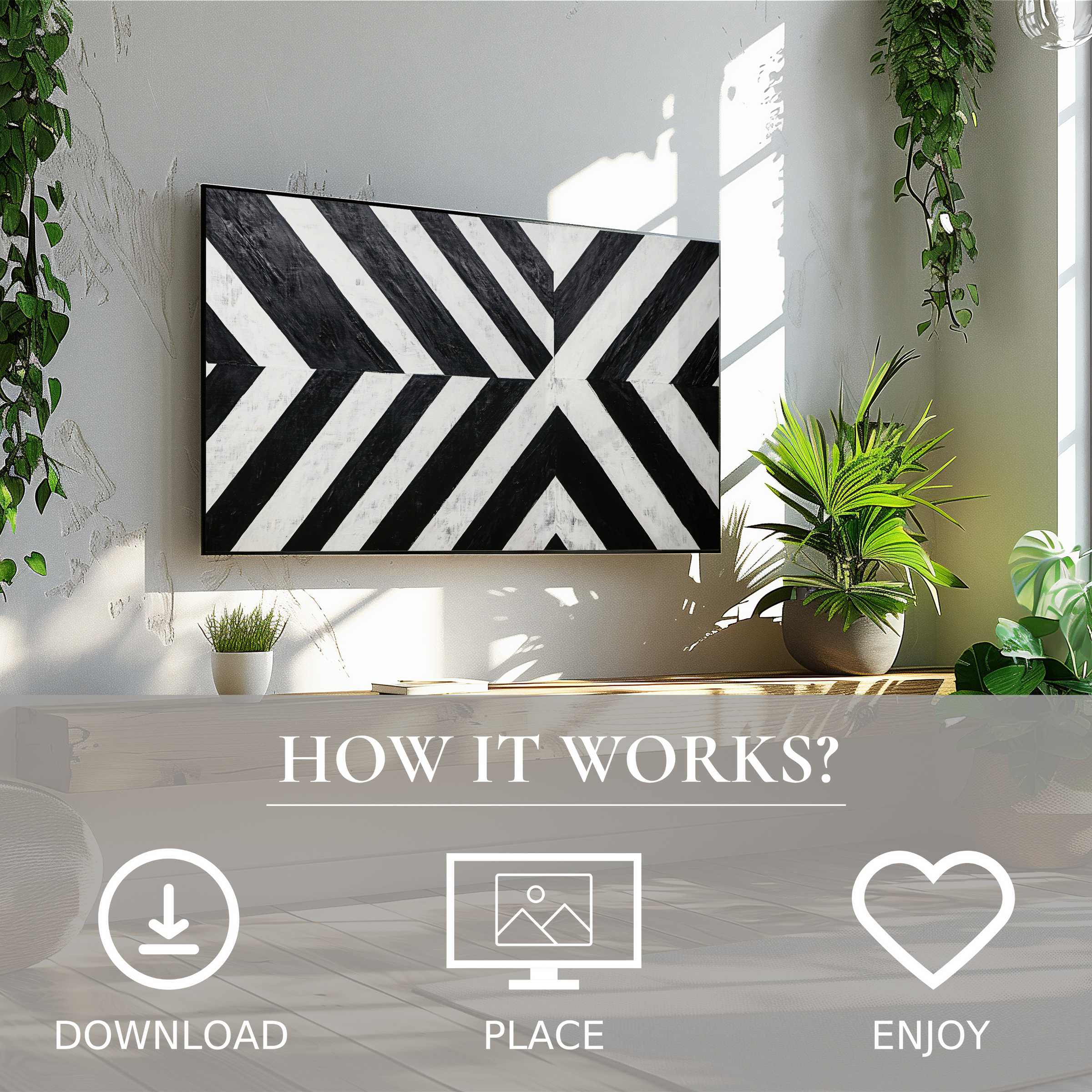 Modern living room with black and white art for Samsung TV; bold geometric motif, easy digital download, elevates space