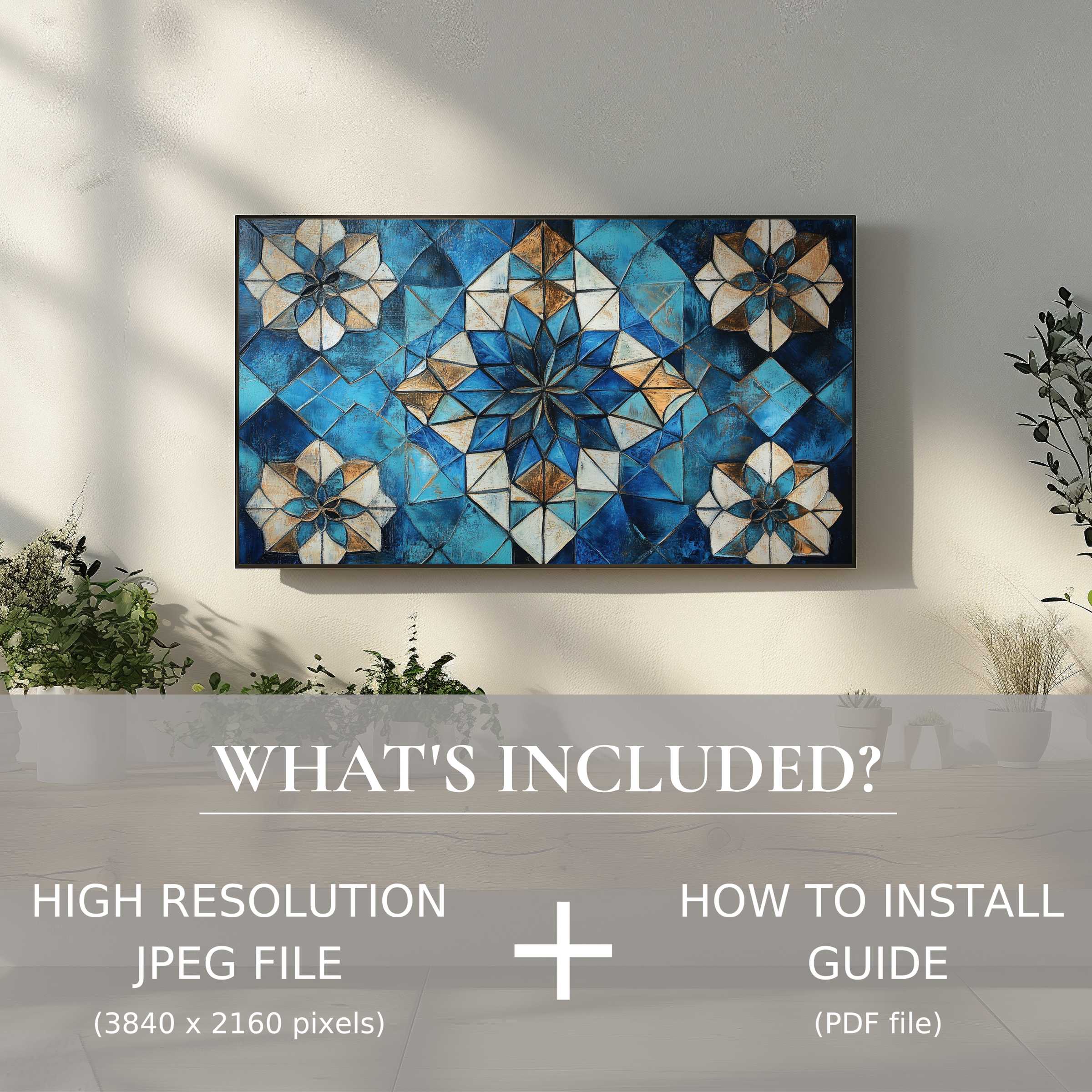 Elegant boho digital TV art download enhances living spaces with easy digital use, featuring vibrant blue geometric design