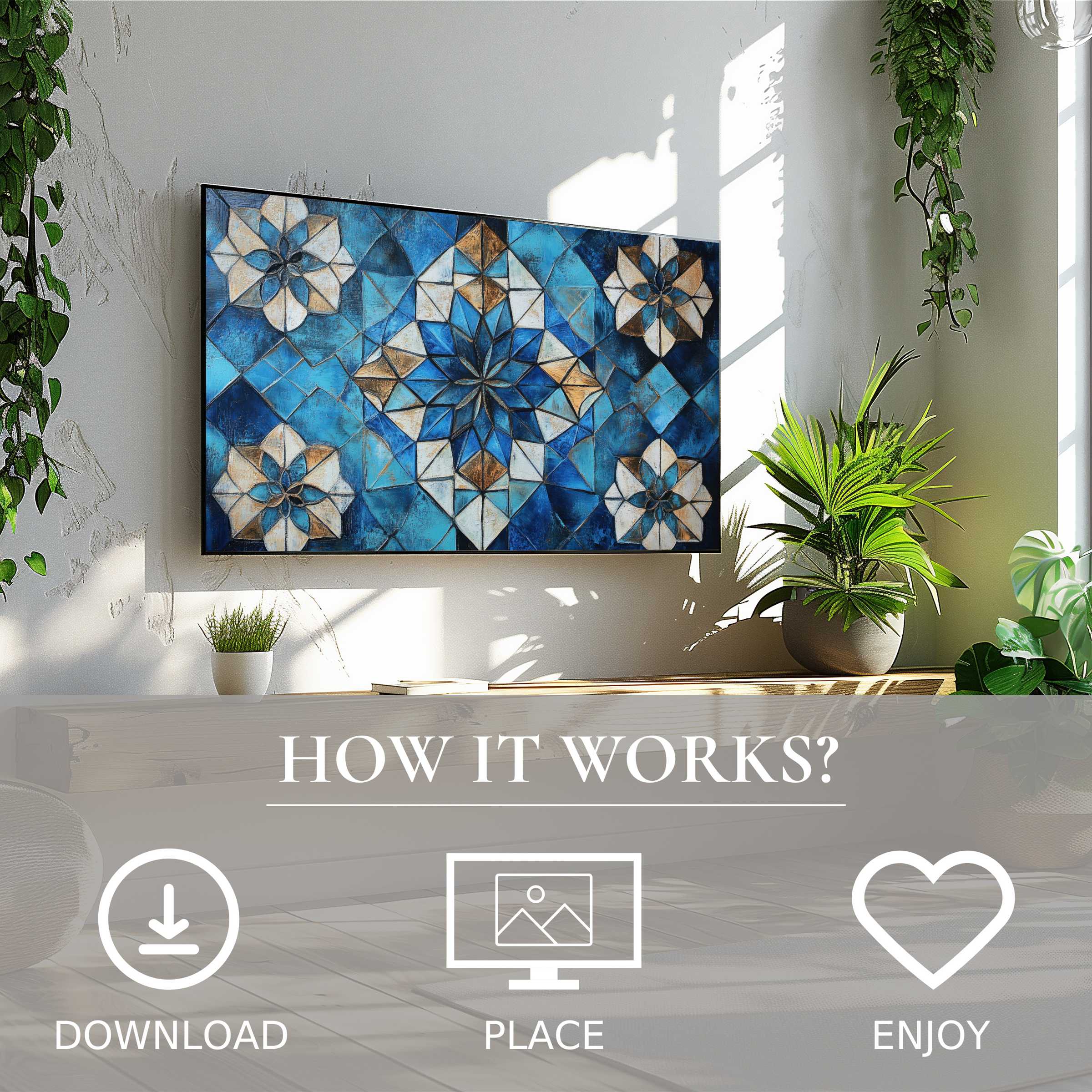 Boho art for Samsung TV with digital download, enriching spaces with vibrant blue tile motifs in modern living rooms