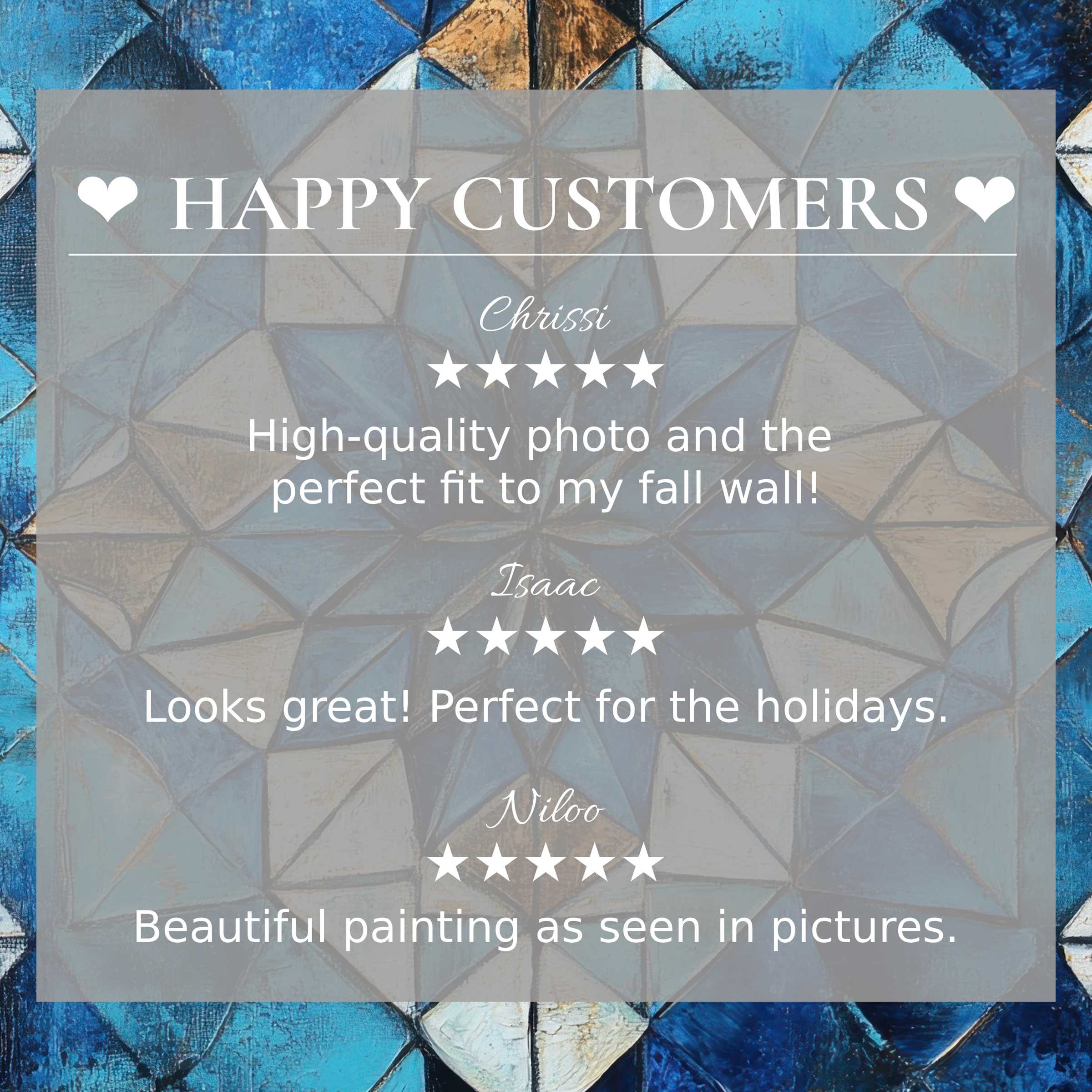Boho art for Frame TV with abstract blue mosaic backdrop, showcasing happy customer reviews and elegant aesthetic