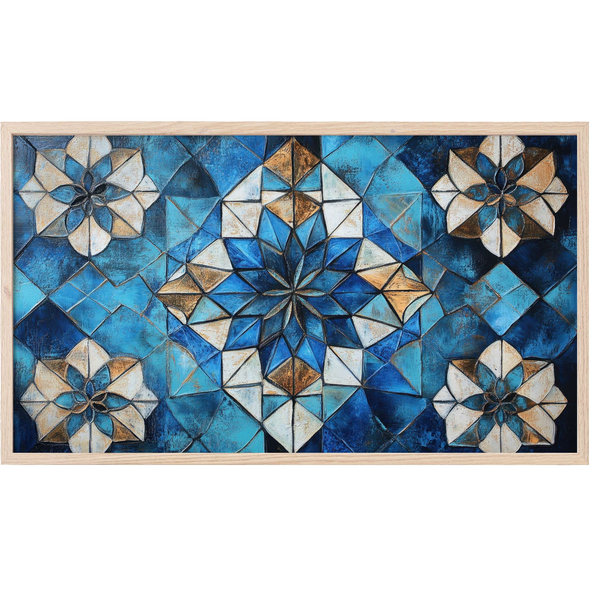 Boho Frame TV Art featuring intricate geometric floral patterns in deep blues, whites, and warm golds with textured elegance