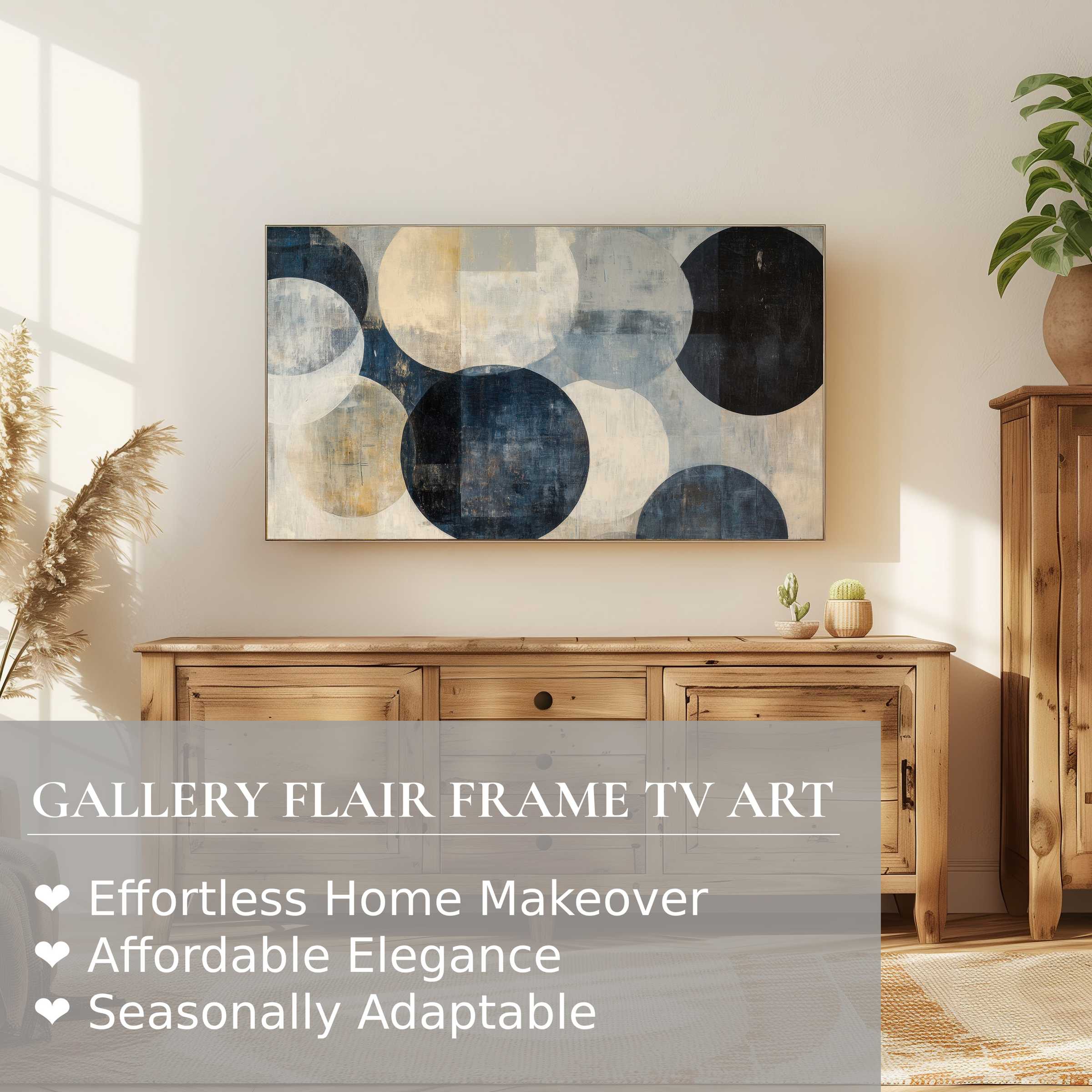 Samsung Frame TV showcasing neutral digital artwork with abstract circles in a serene, modern living space
