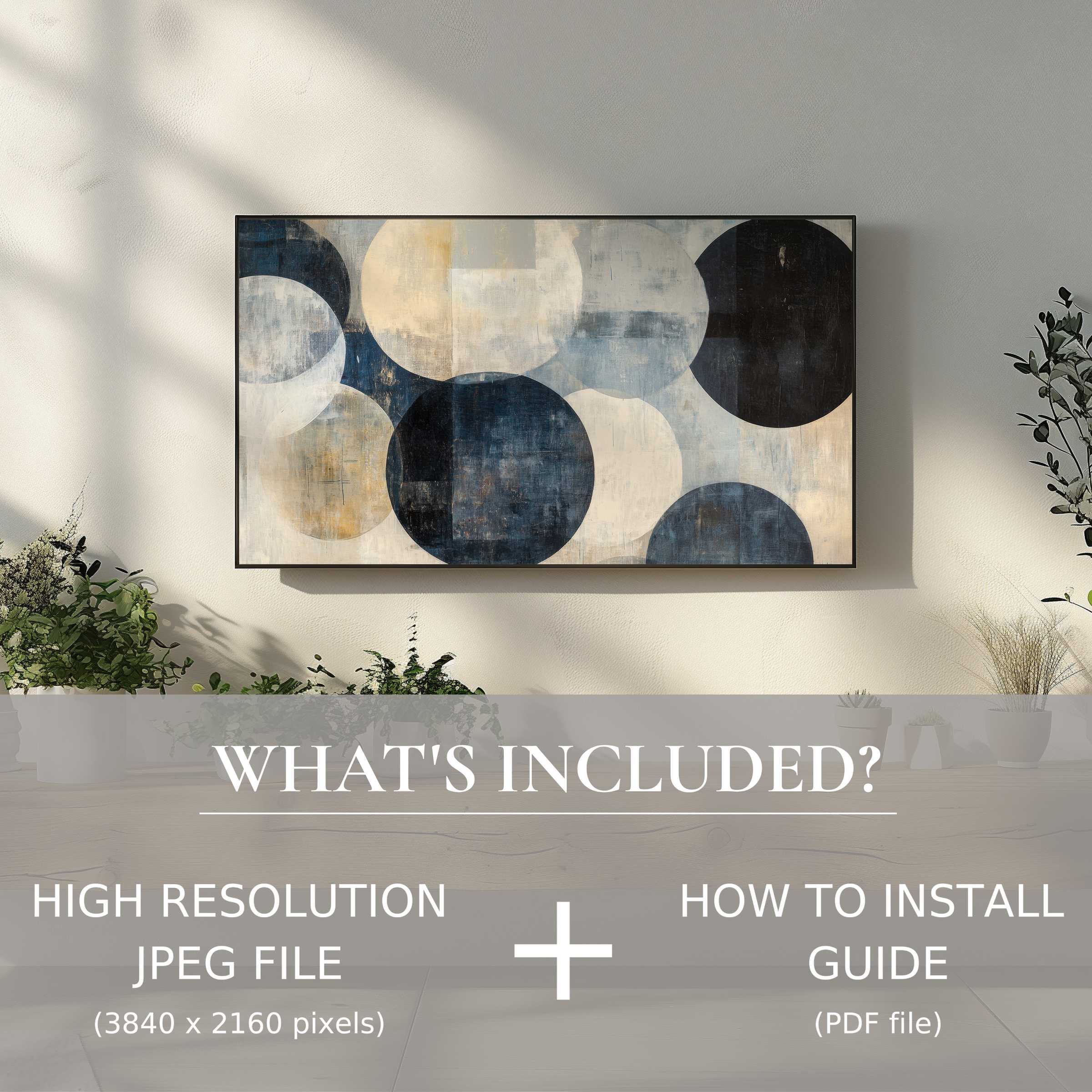 Elegant living room featuring a neutral digital TV art download, enhancing space with easy digital use and style
