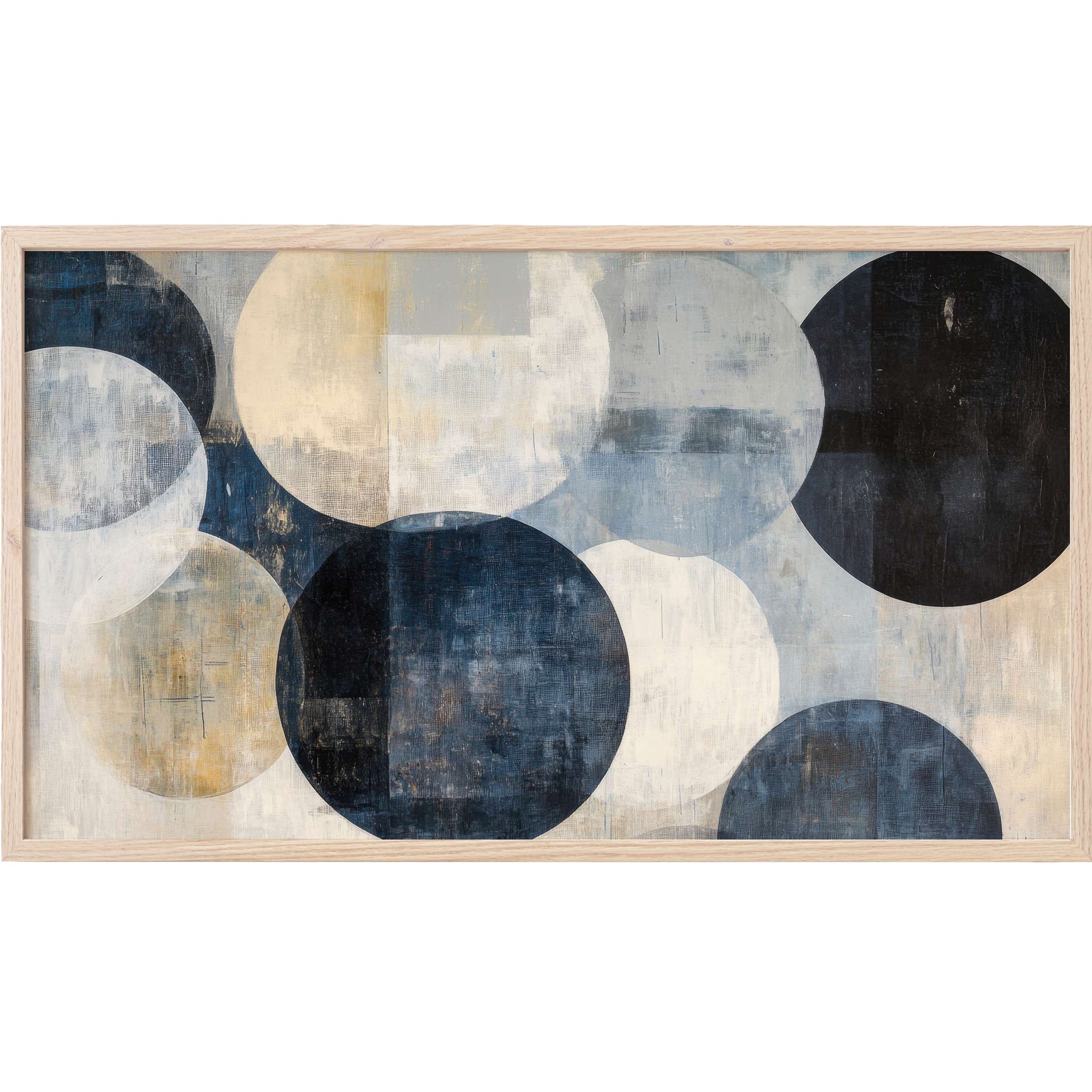 Abstract overlapping circles in muted blues, grays, and creams with textured layers, neutral Frame TV Art
