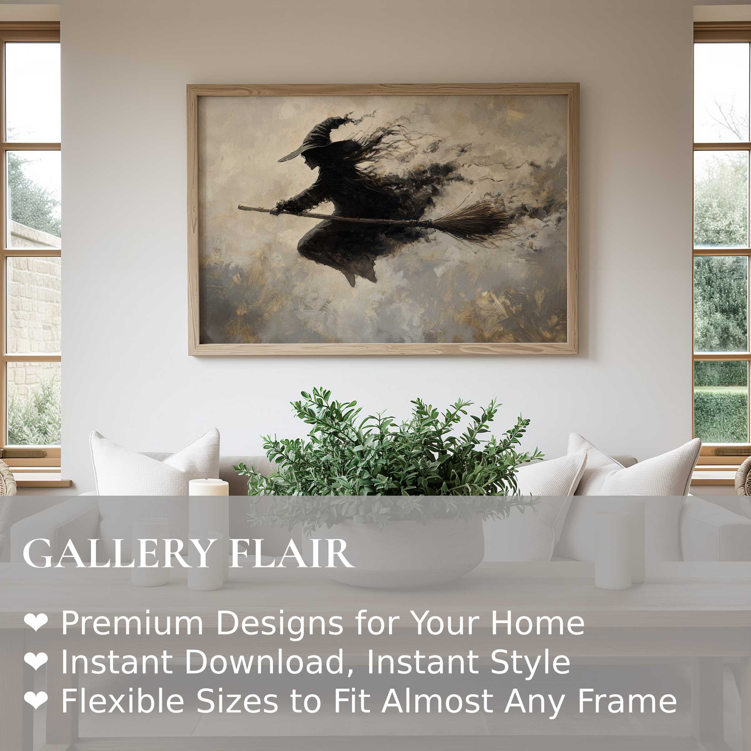 Bold halloween wall art print featuring a mysterious witch in flight, adding moody elegance to contemporary minimalist interiors