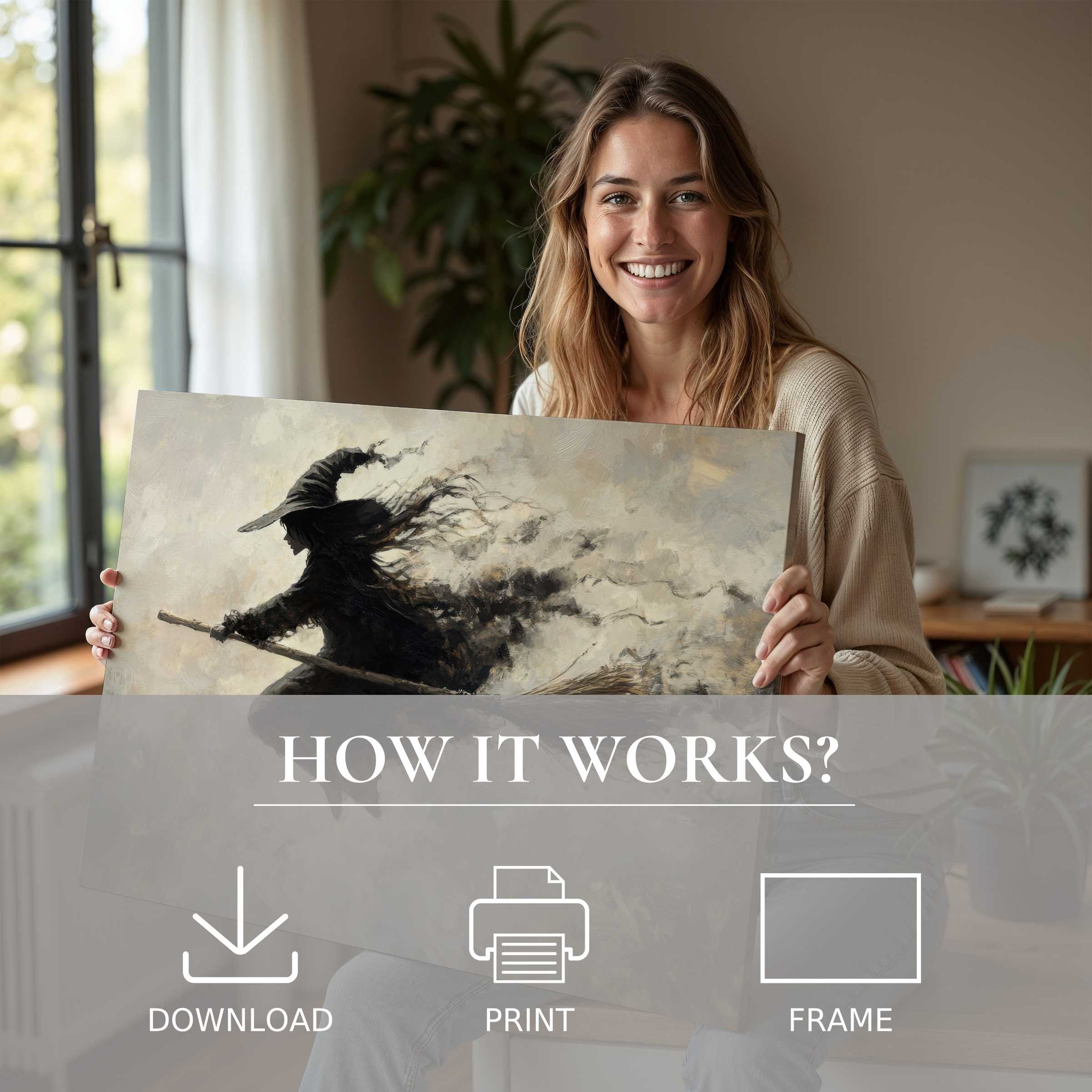 A joyful moment in a stylish home as a woman cherishes a Halloween digital art print, blending timeless charm with effortless elegance