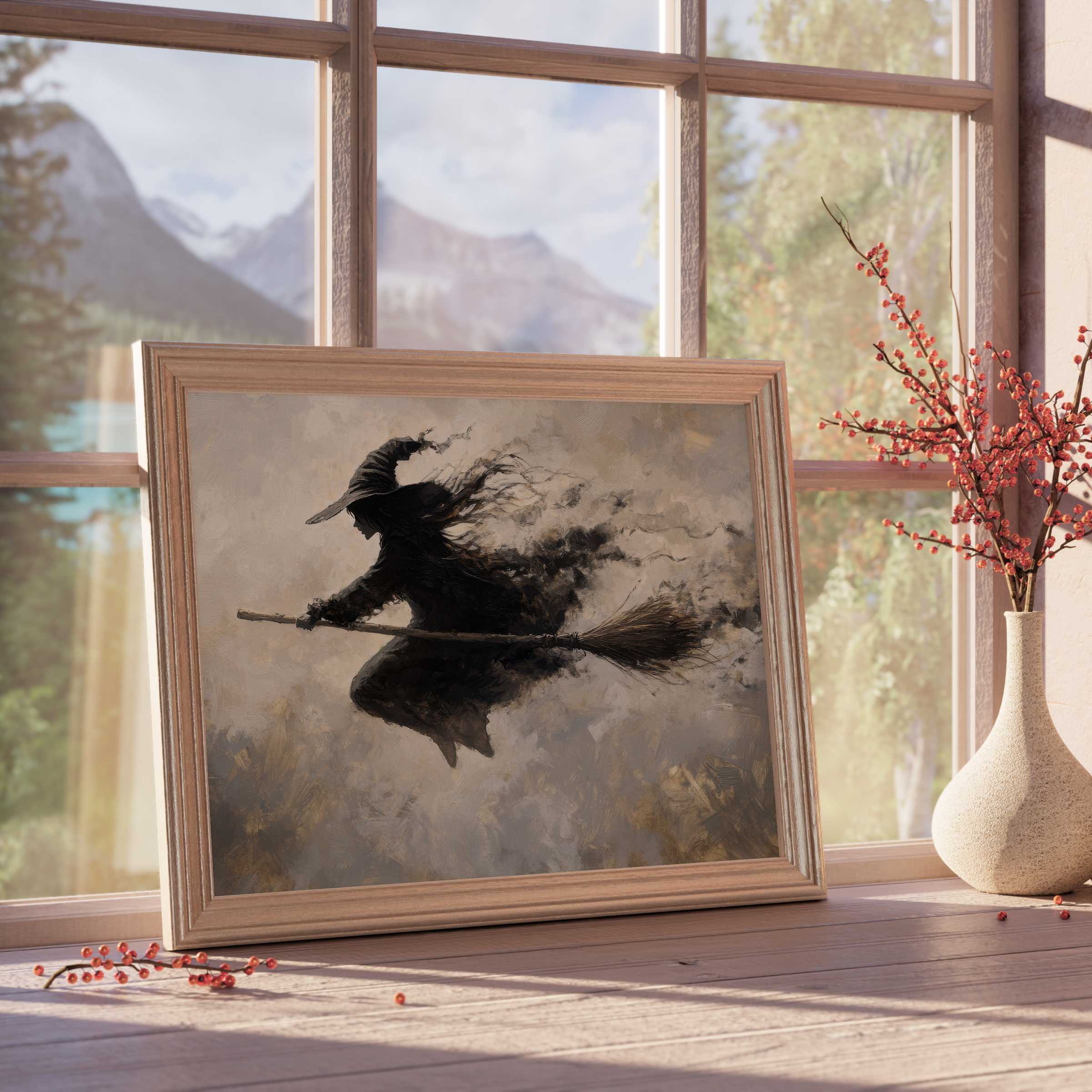 Ethereal Halloween downloadable art captures a shadowy witch soaring on broomstick, infusing curated interiors with mysterious, tranquil charm