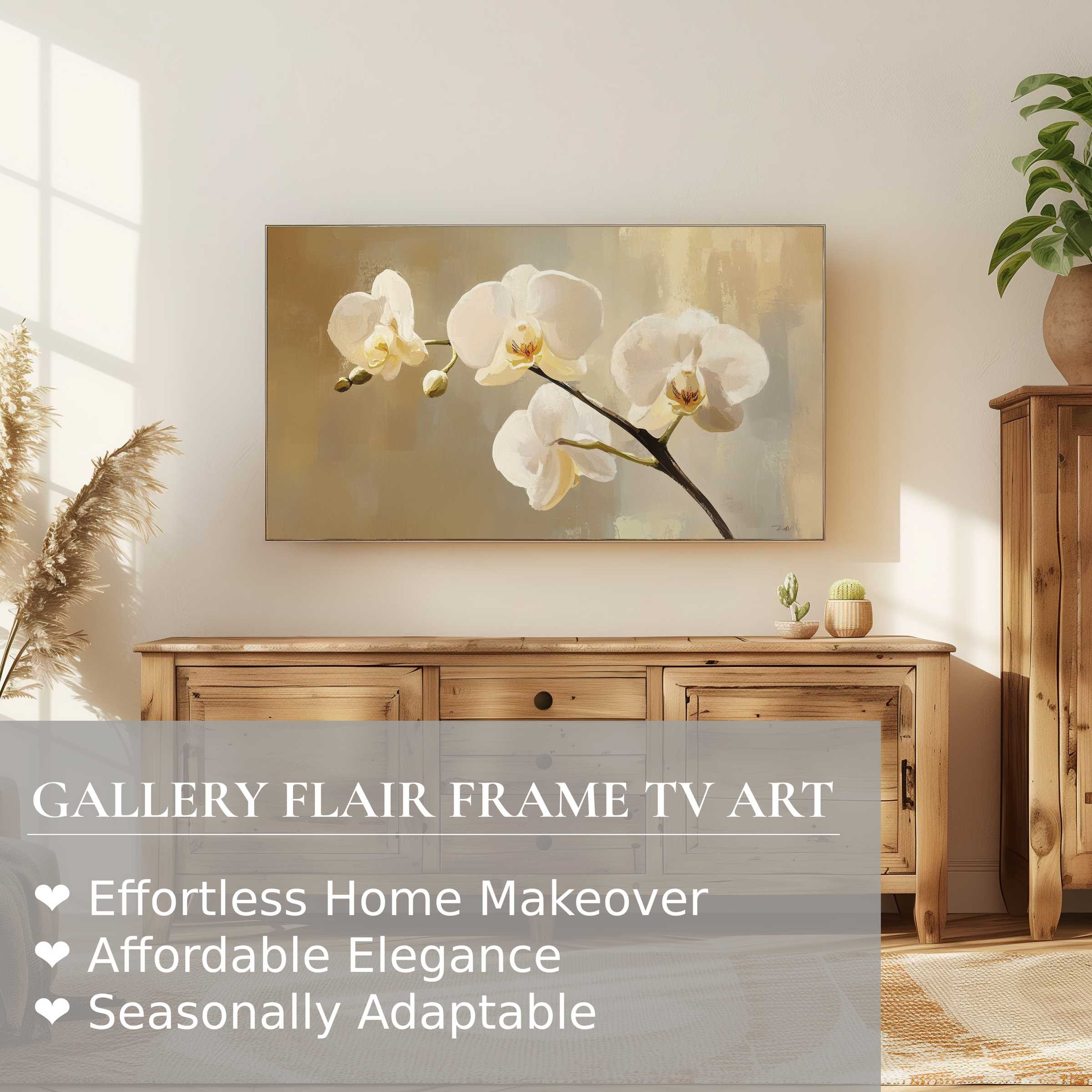 Samsung Frame TV displaying elegant botanical digital artwork of white orchids in a sunlit modern room