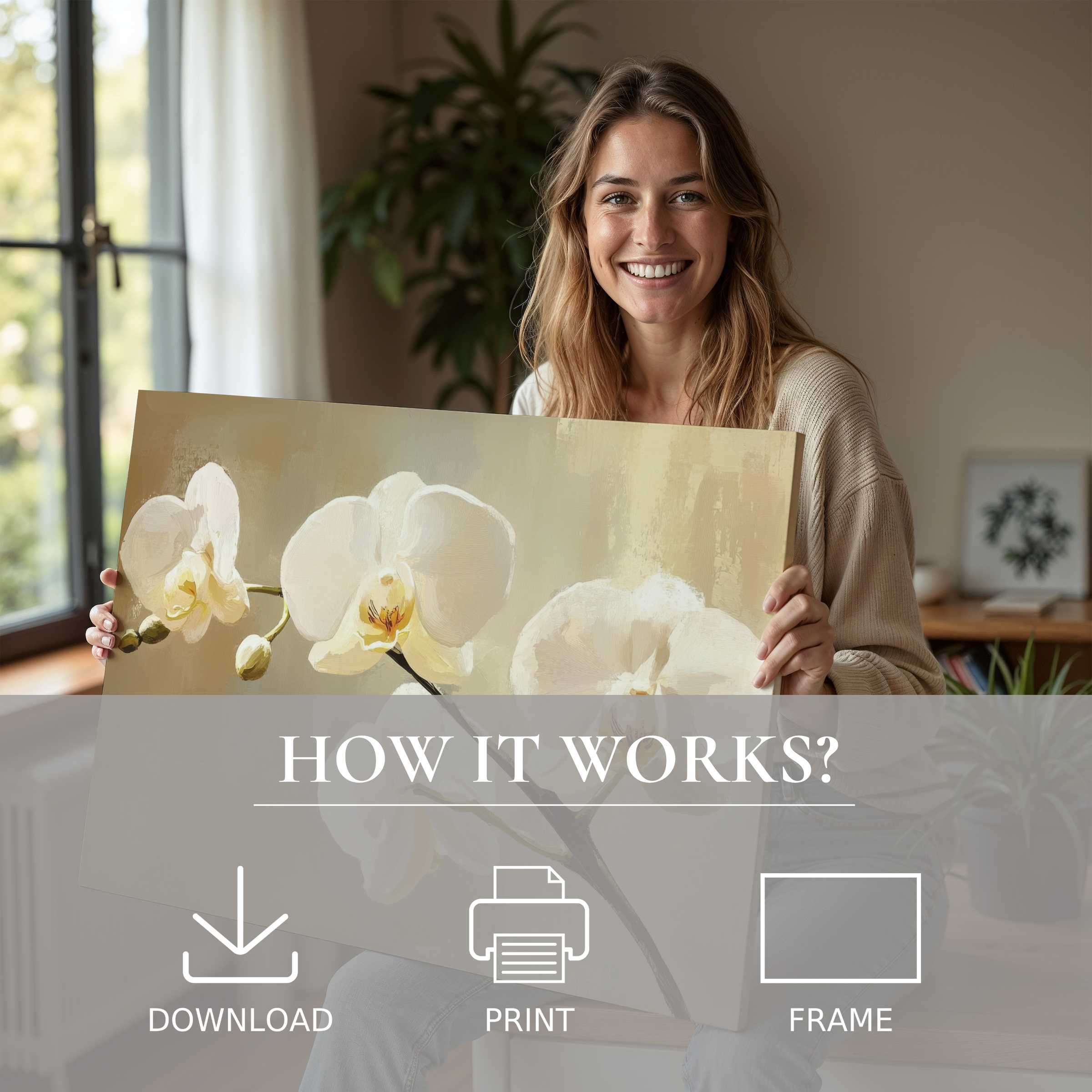 Elegant botanical digital art print radiates warmth and joy, enhancing serene modern living spaces with effortless style
