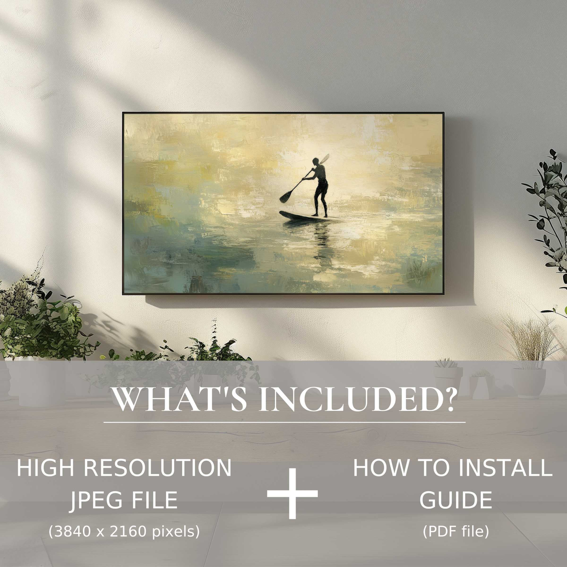 Elegant beach digital TV art download with easy use, enhancing modern living spaces with serene paddleboard imagery