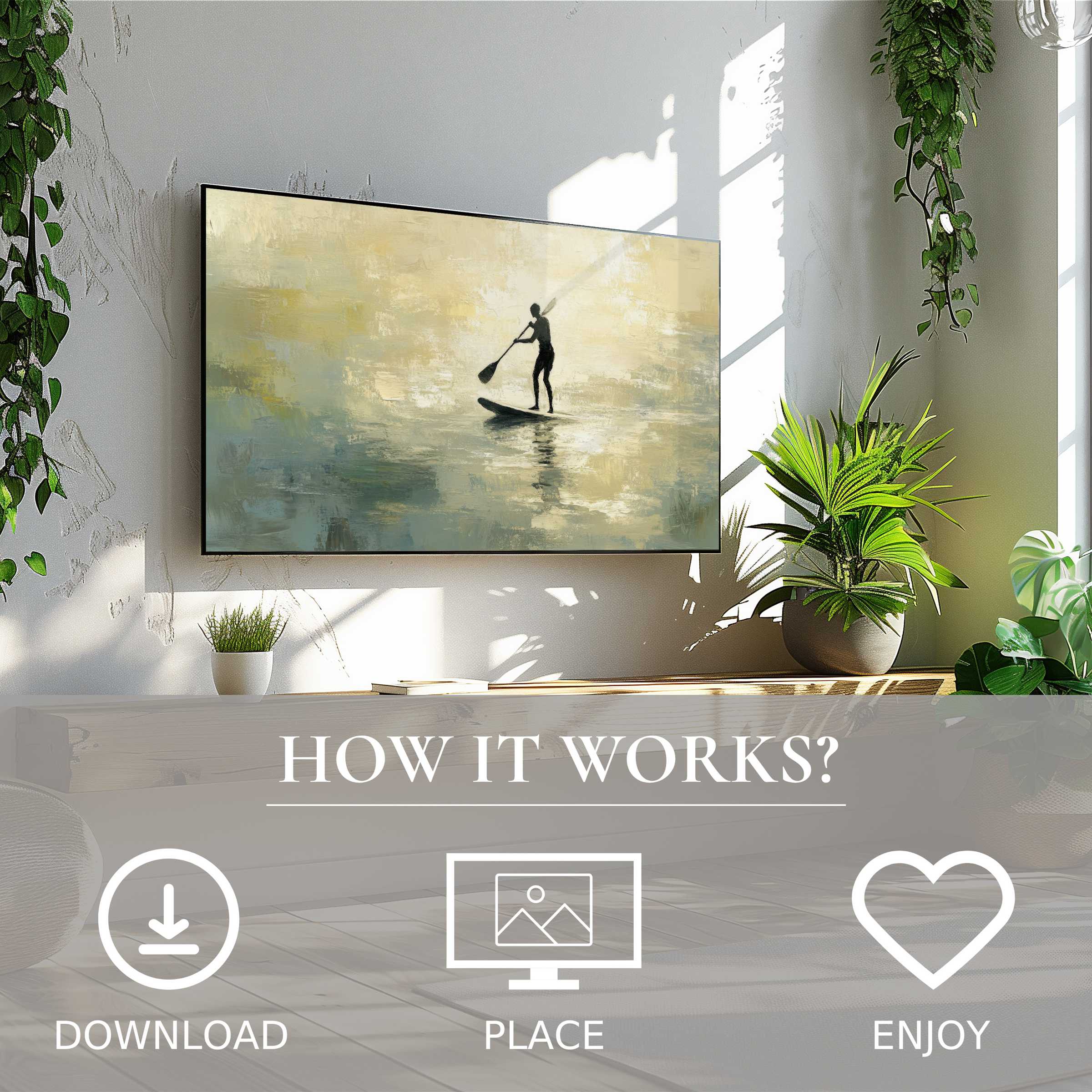 Modern living room with easy digital download; beach art for Samsung TV shows soft sunset tones enriching space
