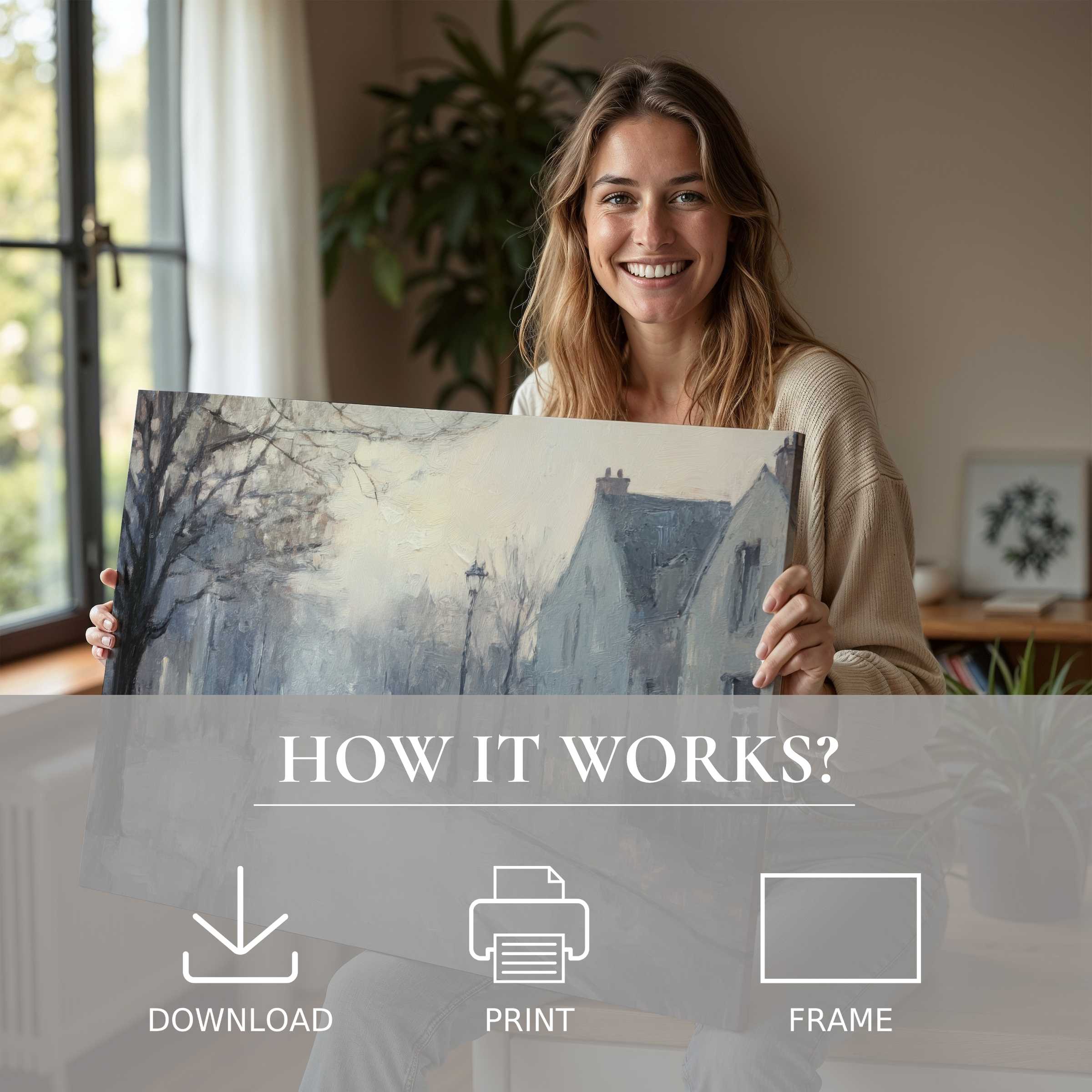 A radiant woman embraces her serene urban digital art print in a chic, sunlit home, celebrating the joy of effortless elegance