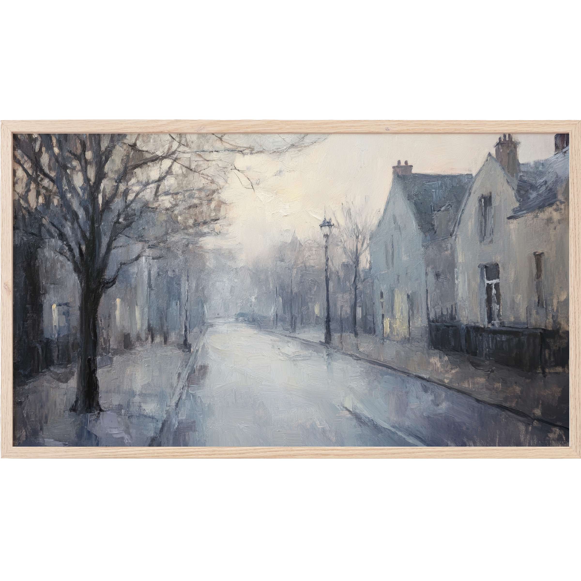 Mistige Straßenszene mit Häusern und Bäumen in sanften Blau- und Grautönen, urban Frame TV Art