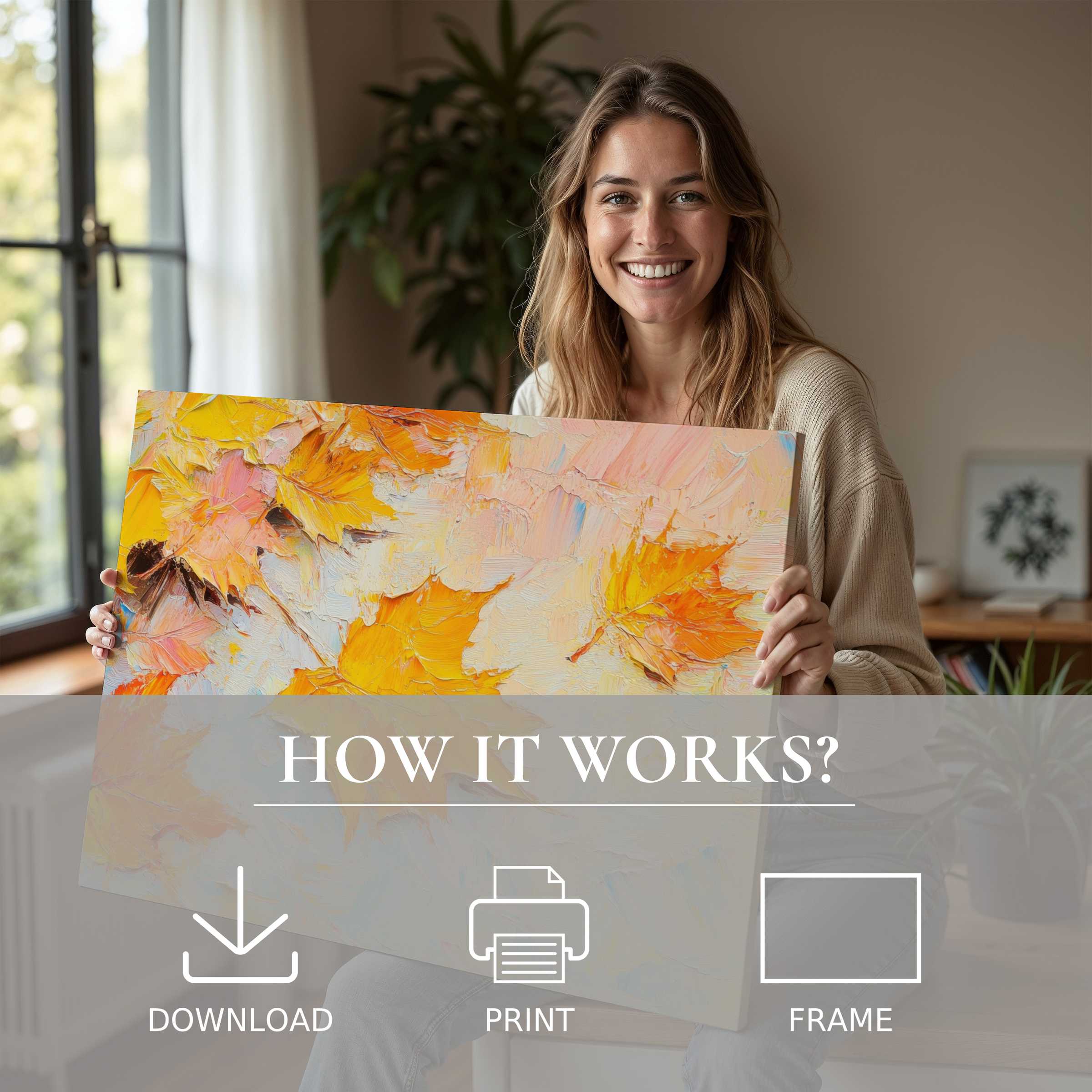 Joy radiates in a modern home where a woman embraces a vivid tree digital art print, embodying effortless elegance and warmth