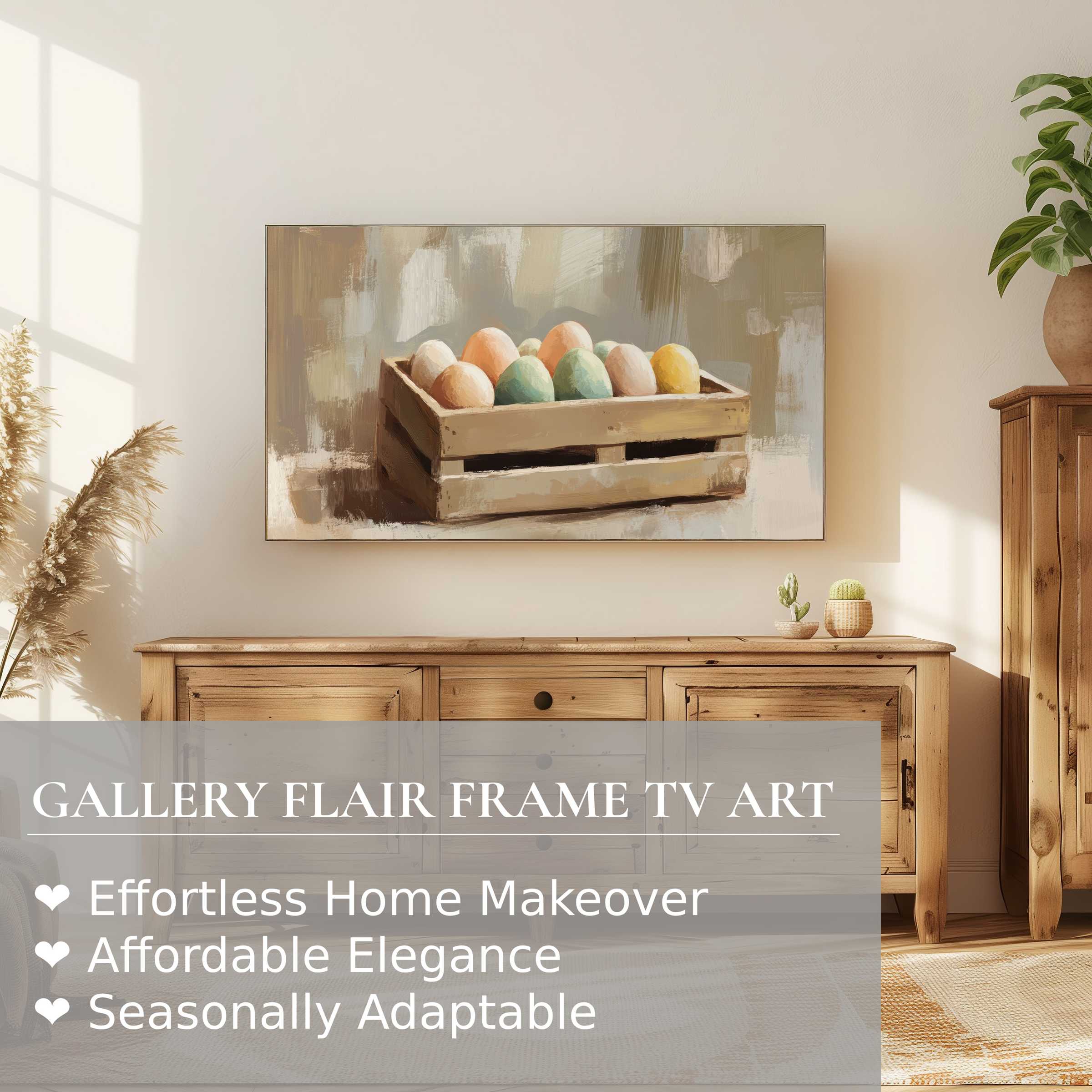 Samsung Frame TV displaying elegant easter digital artwork of pastel eggs in a rustic crate, modern cozy setting
