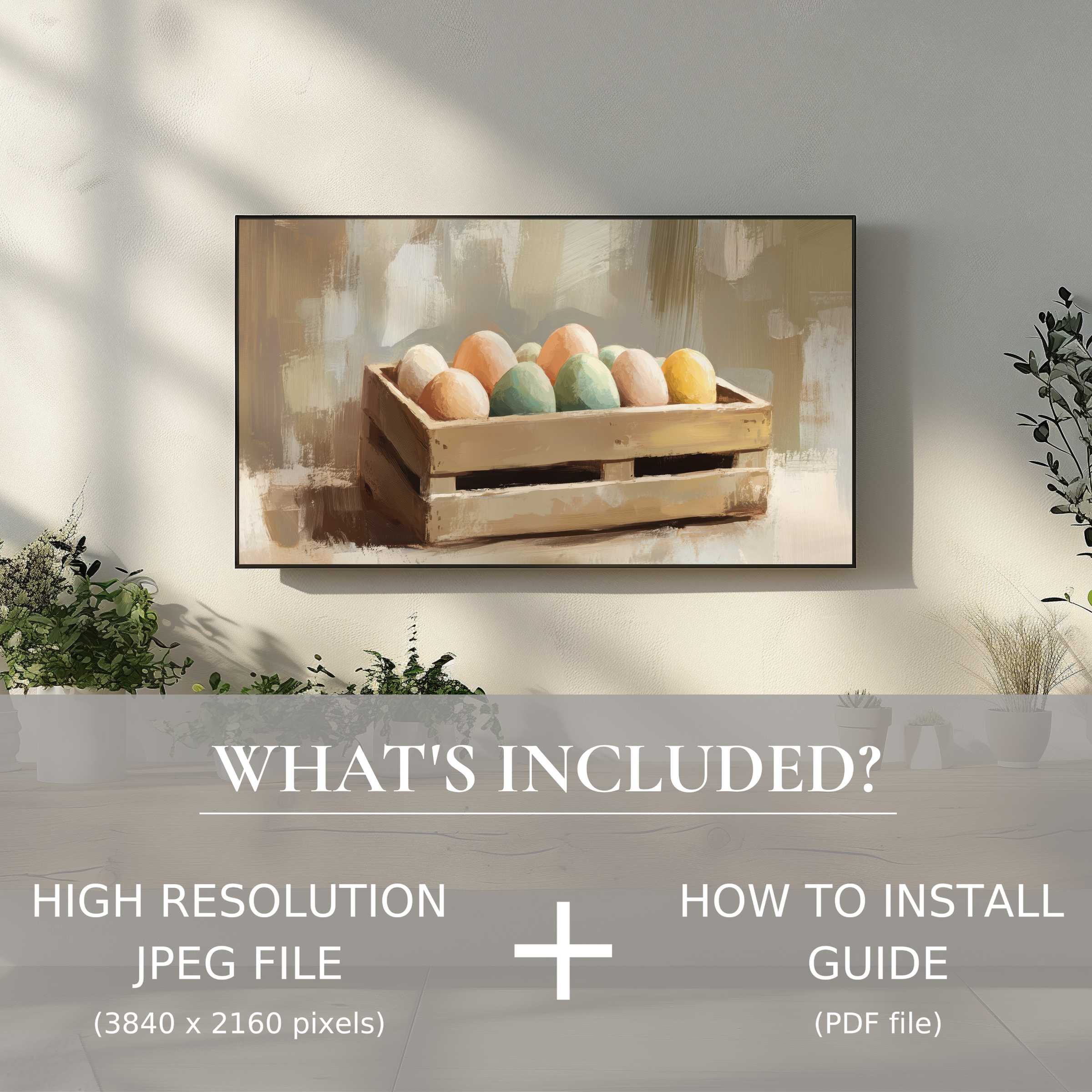 Elegant easter digital TV art download showcasing pastel eggs, enhancing living spaces with effortless digital display