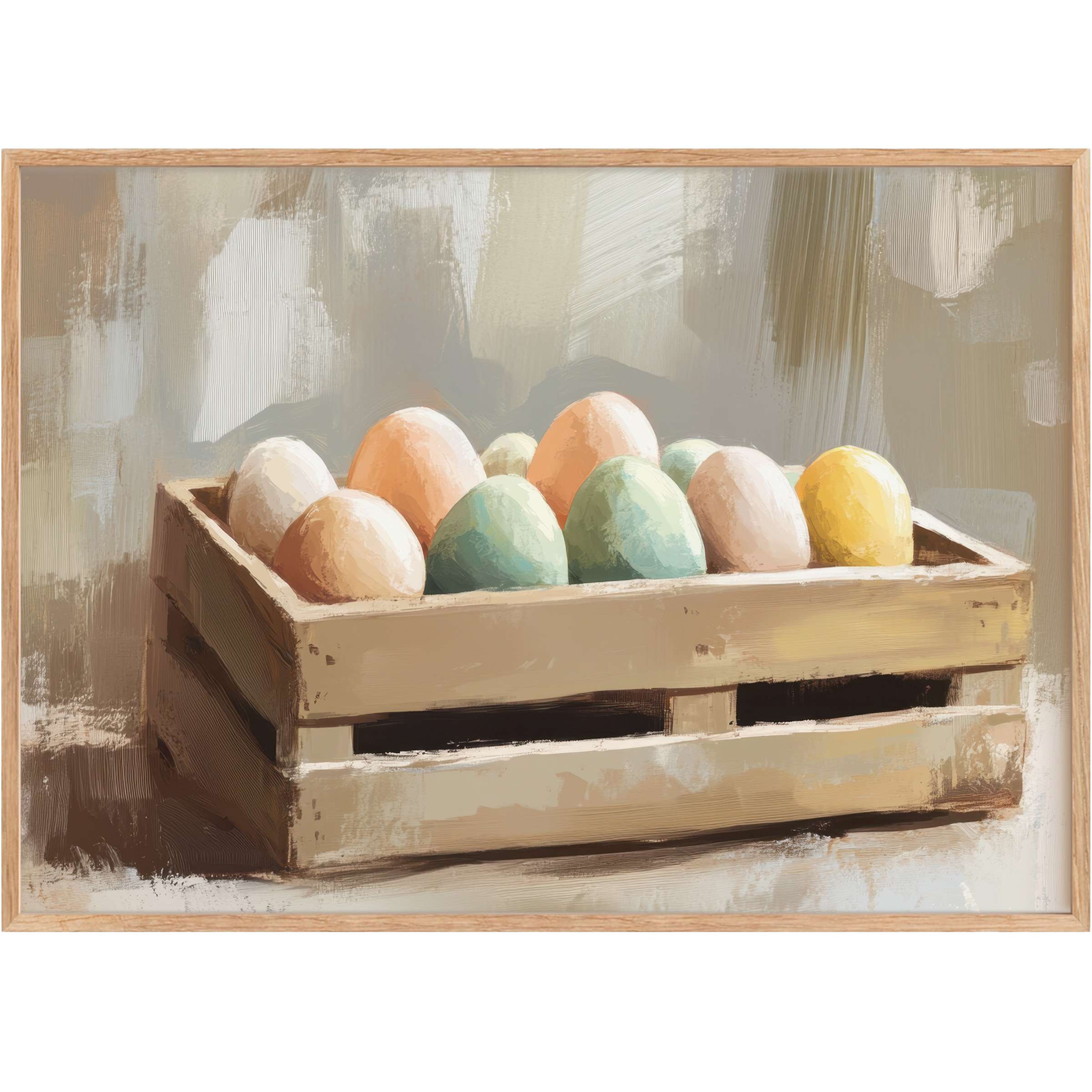 Soft pastel hues in a rustic crate create a serene, inviting vibe-perfectly poised Easter printable wall art for elegant homes