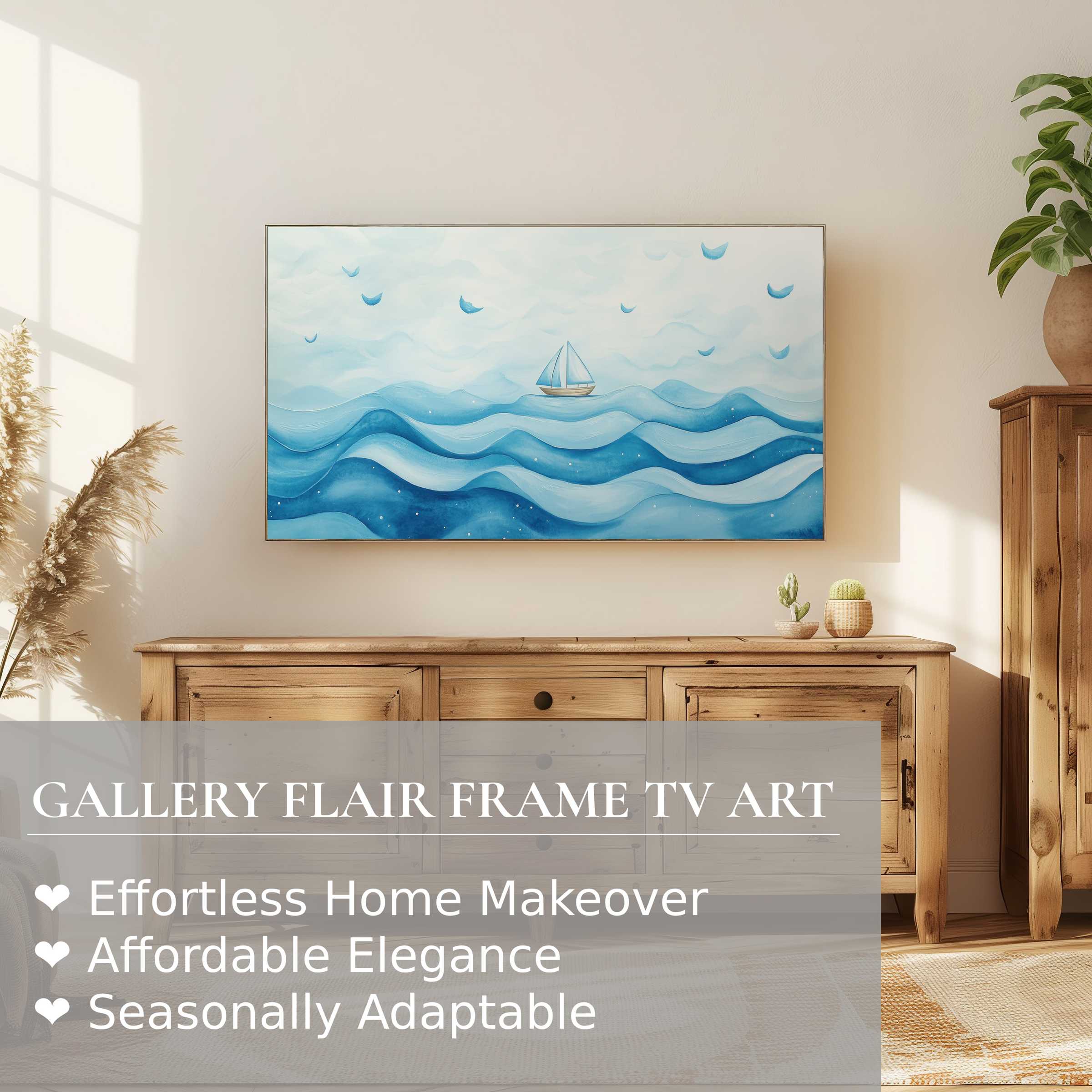 Modern nursery digital artwork of serene blue waves and sailboat on Samsung Frame TV in warm, elegant home setting