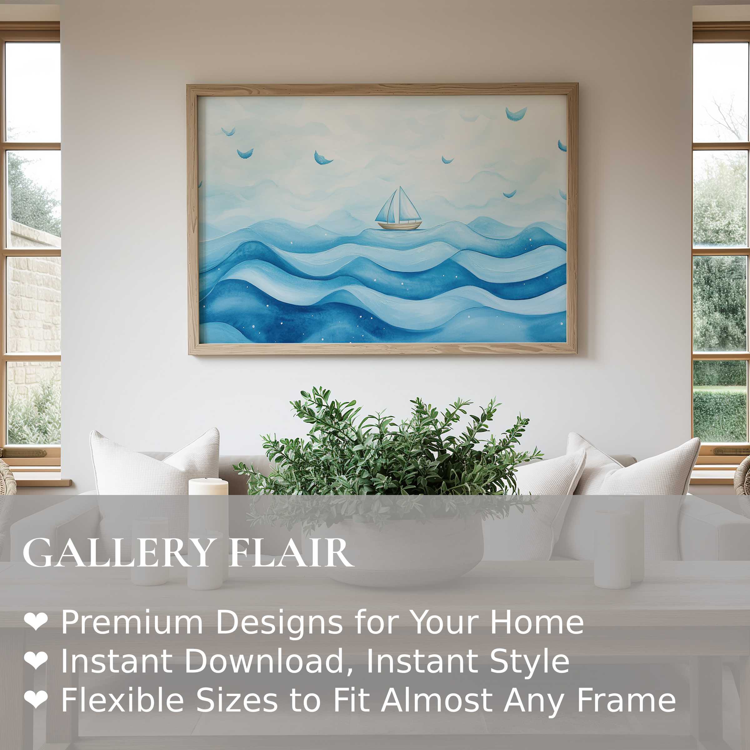 Nursery wall art print with serene blue ocean waves and sailboat, evoking calm and dreamy coastal charm in a modern minimalist space