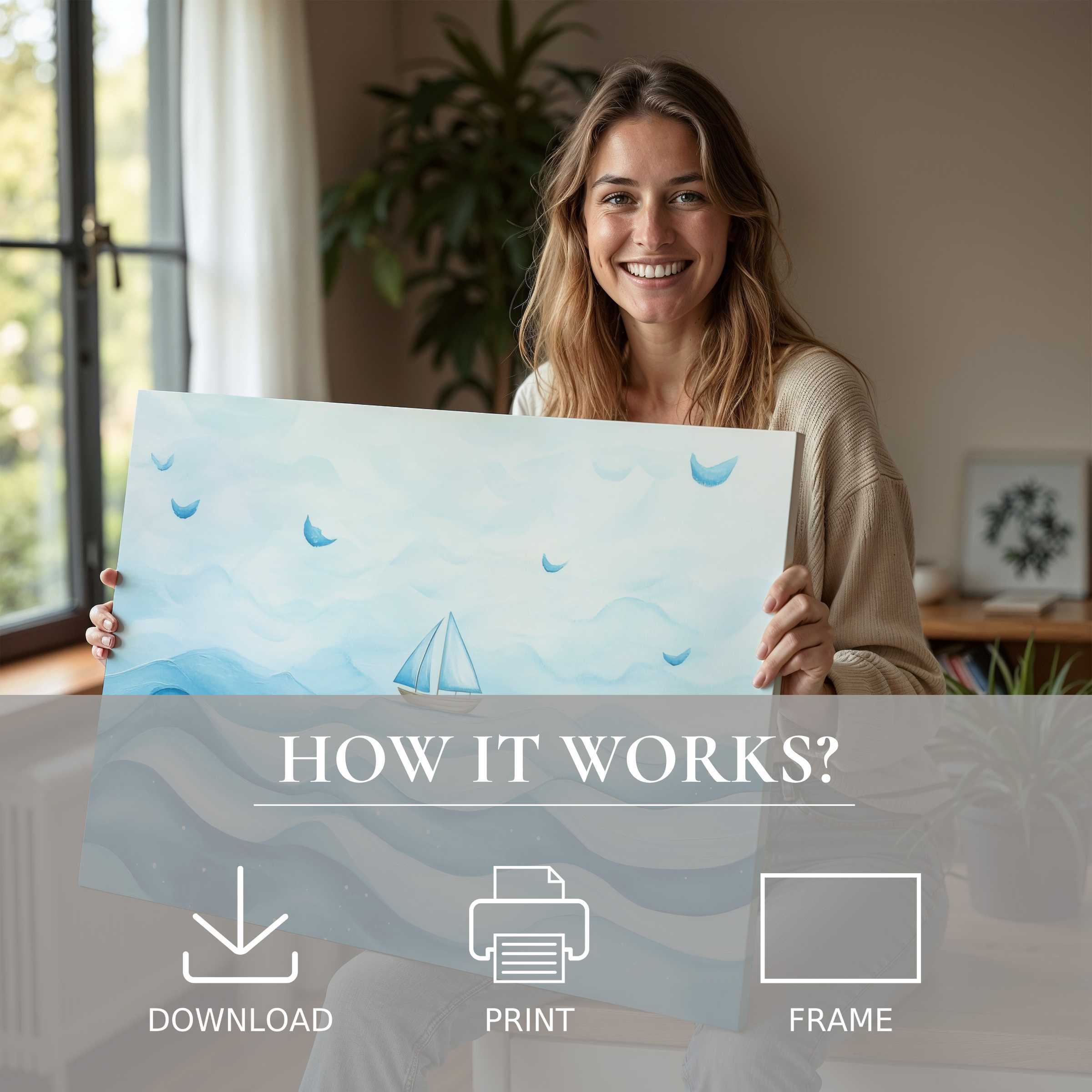 A serene moment of joy in a modern home, revealing how a nursery digital art print gently enriches everyday life