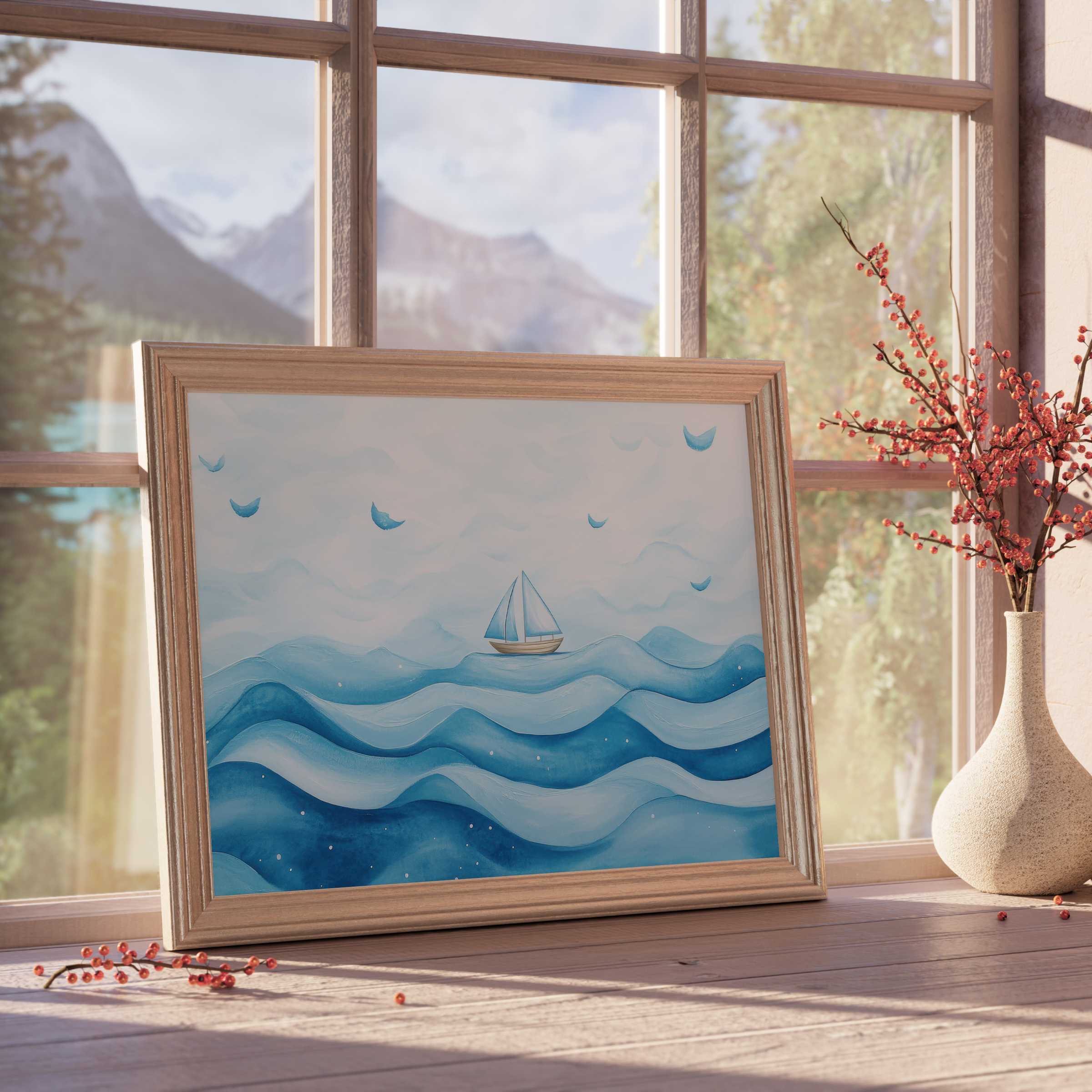 Serene nursery downloadable art featuring gentle blue waves and a sailboat, perfect for curated, tranquil children's rooms