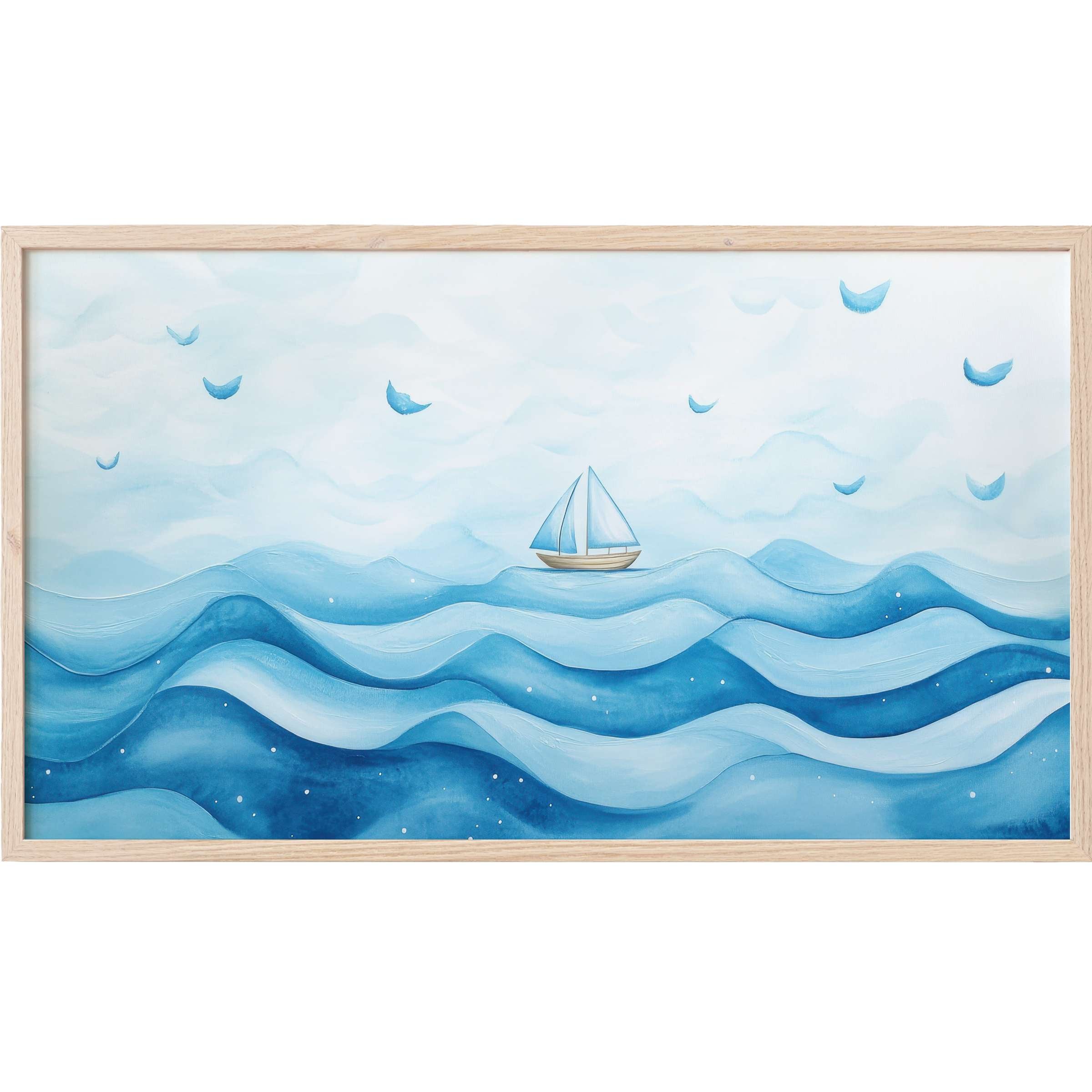 Nursery Frame TV Art with serene blue waves, a sailboat, and birds in soft, flowing watercolor style