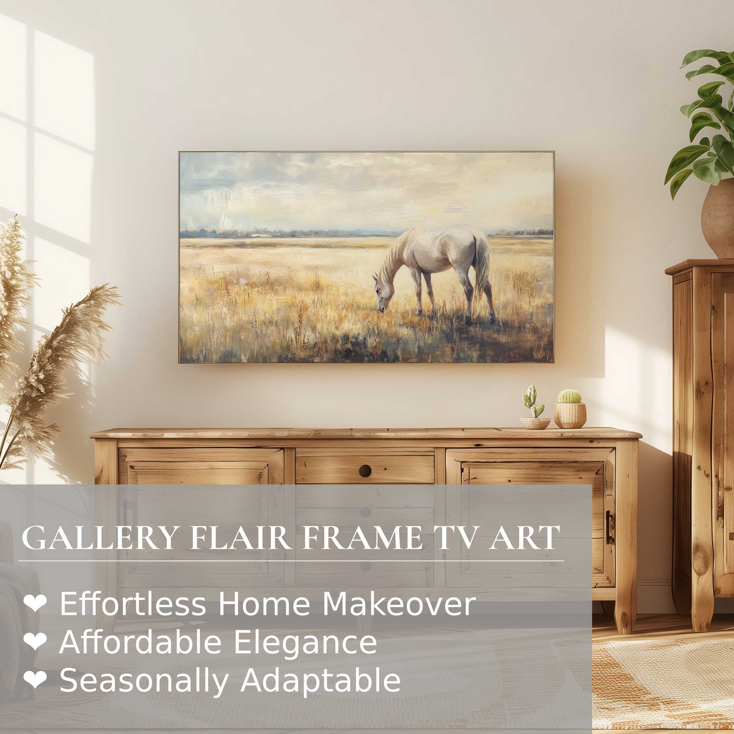 Samsung Frame TV displays serene farmhouse digital artwork of a grazing horse in soft, neutral tones