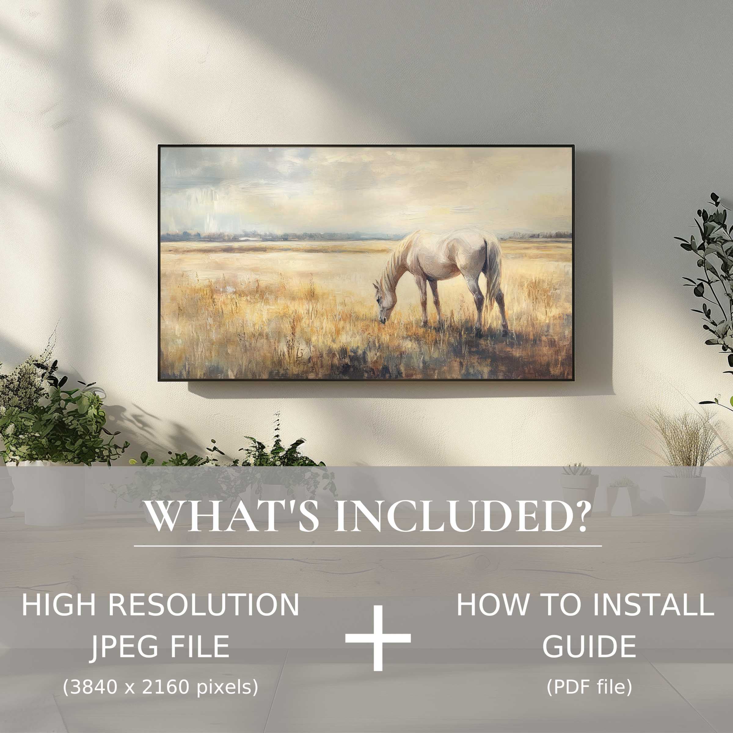 Elegant farmhouse digital TV art download featuring serene horse scene, easy digital use enhances stylish living spaces