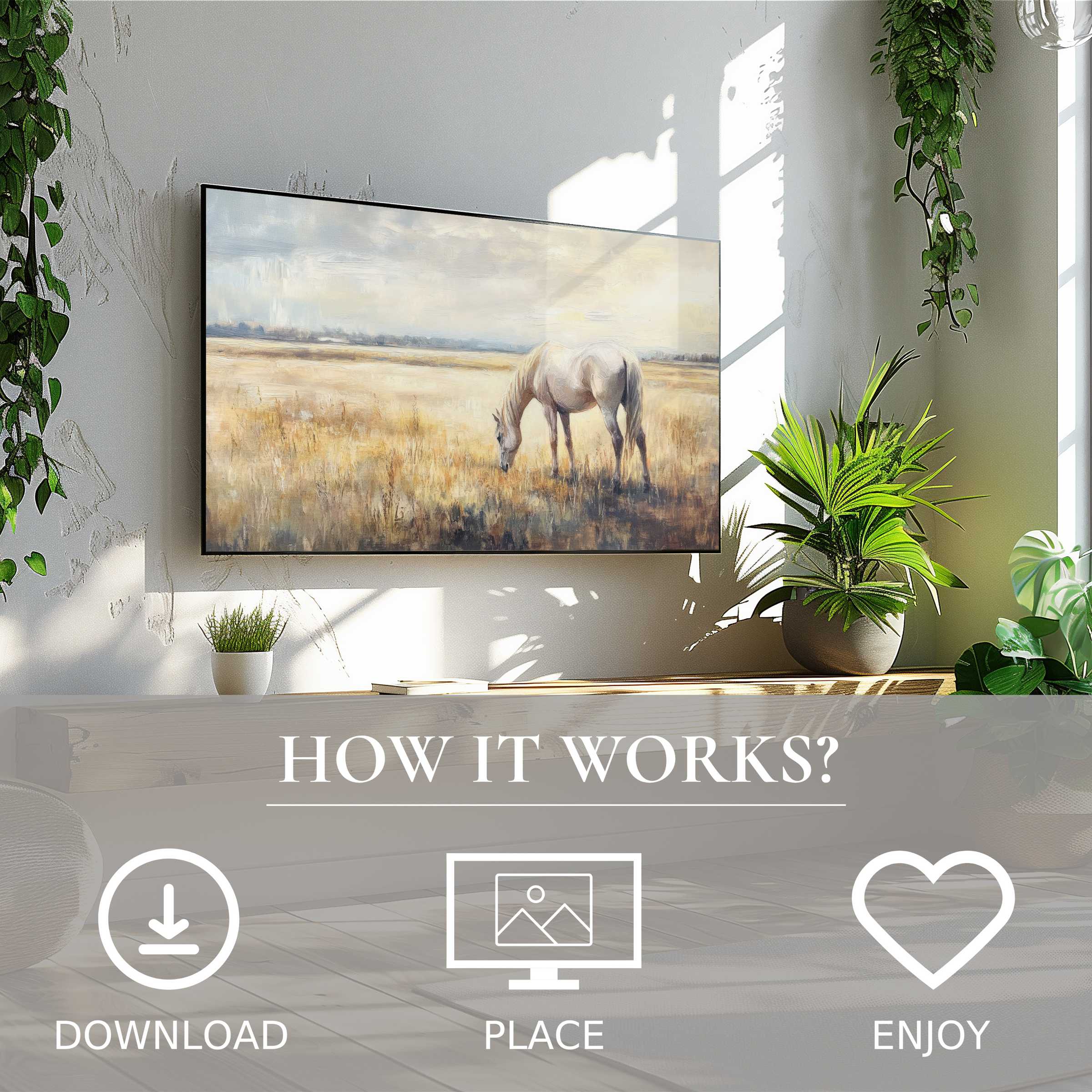 Bright room with plants features farmhouse art for Samsung TV; digital download shows soft sunset tones, enriching the space