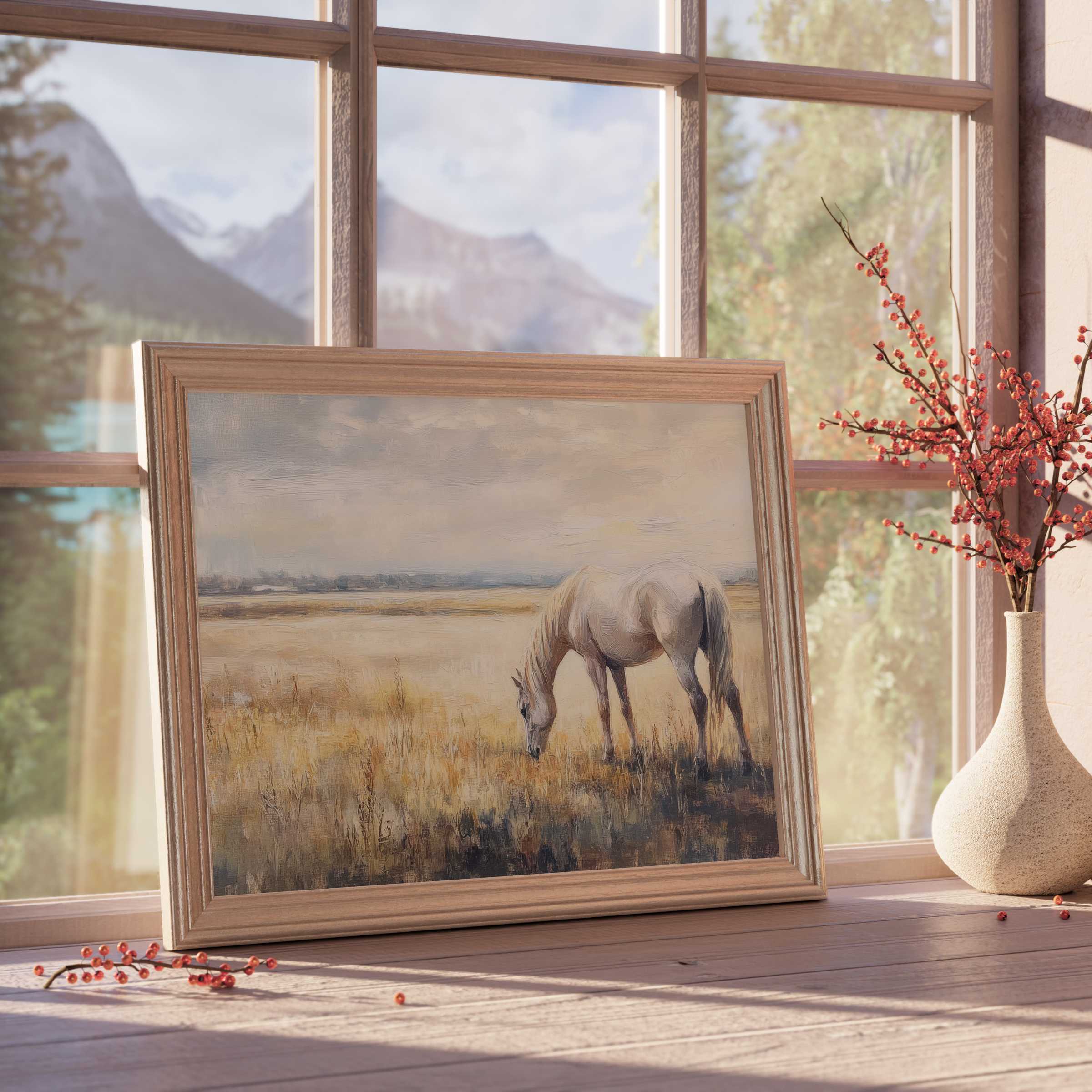 Farmhouse downloadable art capturing serene rural charm with a grazing white horse, perfect for tranquil, curated interiors