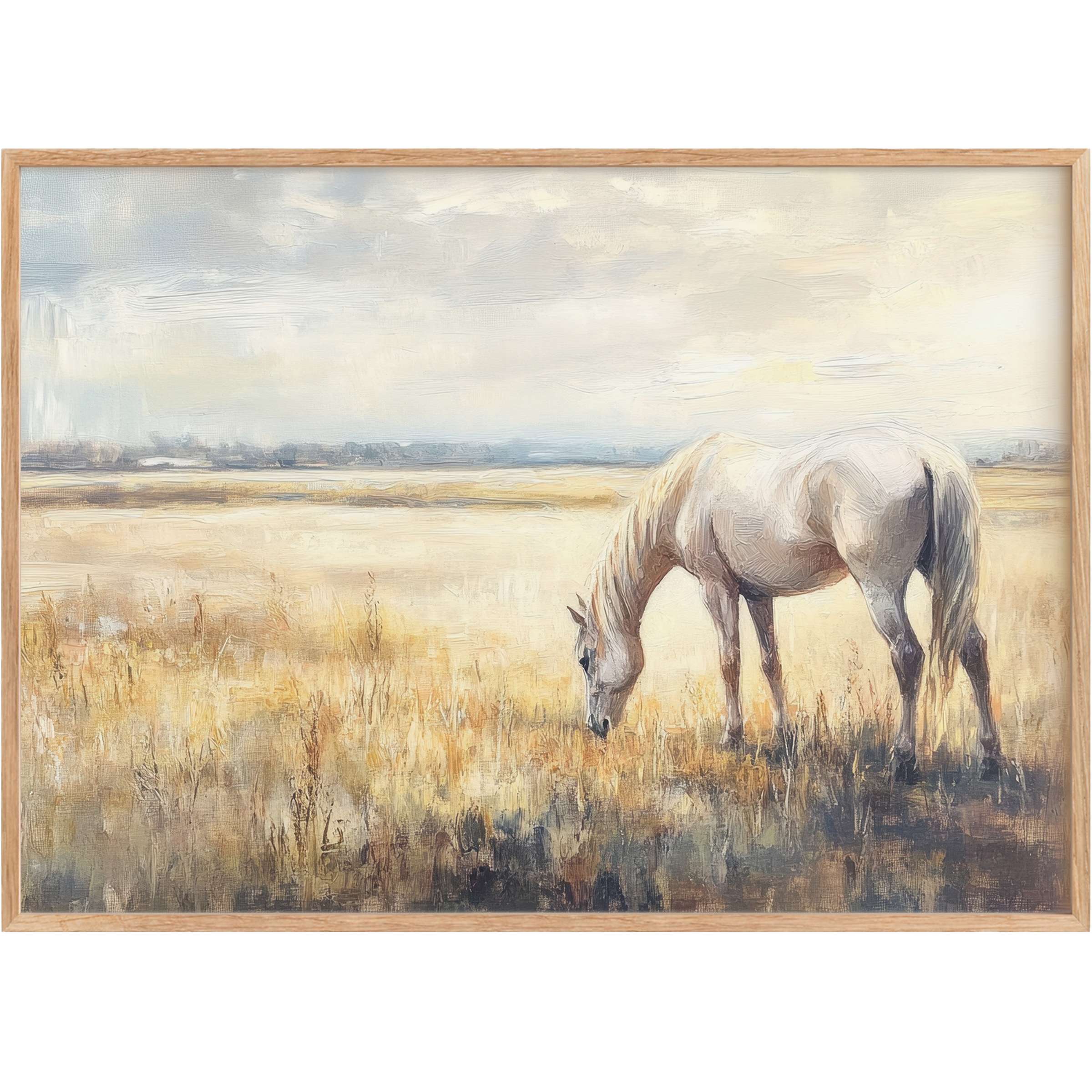 Serene farmhouse printable wall art featuring a graceful white horse grazing in golden fields, evoking calm warmth and rustic elegance