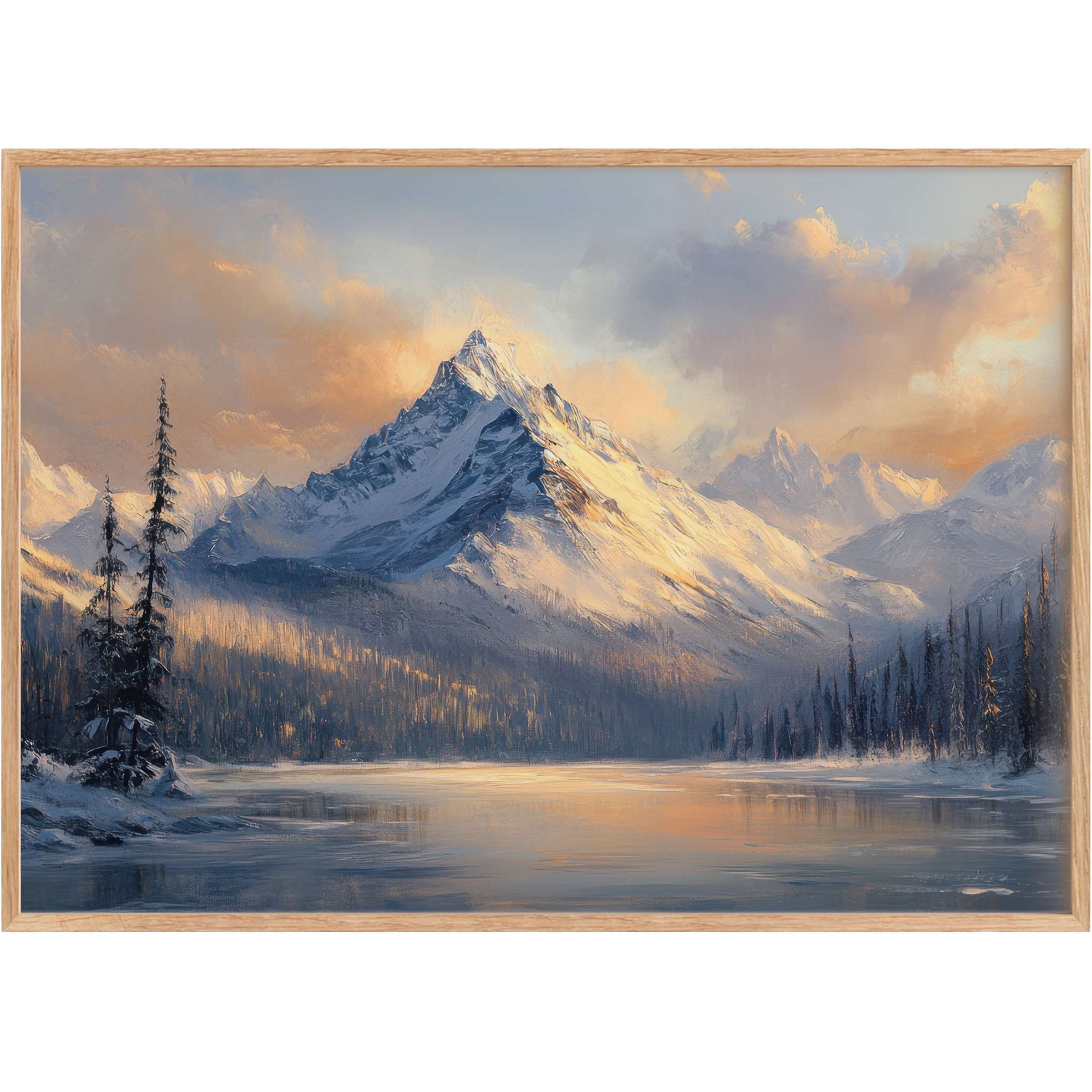 Vintage printable wall art capturing a serene mountain sunrise, blending soft gold and icy blue tones for a tranquil, majestic ambiance