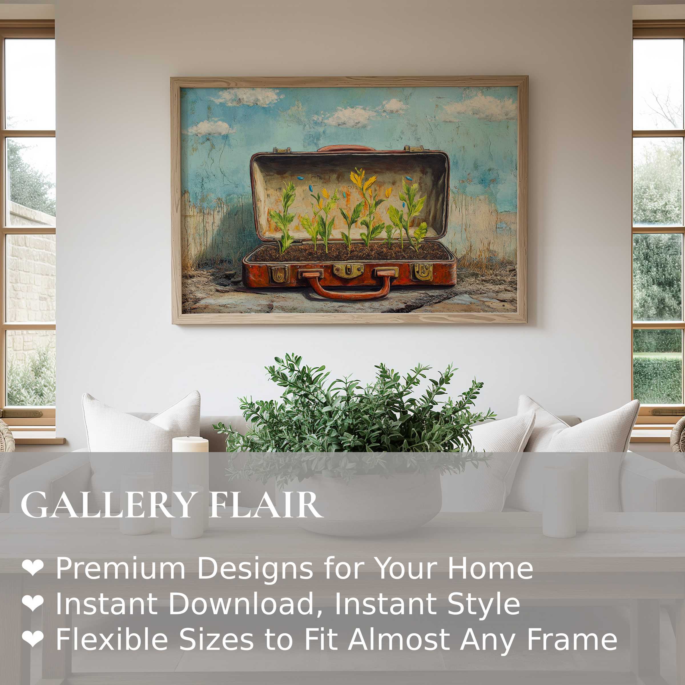 Street art wall art print of a vintage suitcase blooming with vibrant plants, radiating bold, uplifting energy in a modern, natural-toned living space