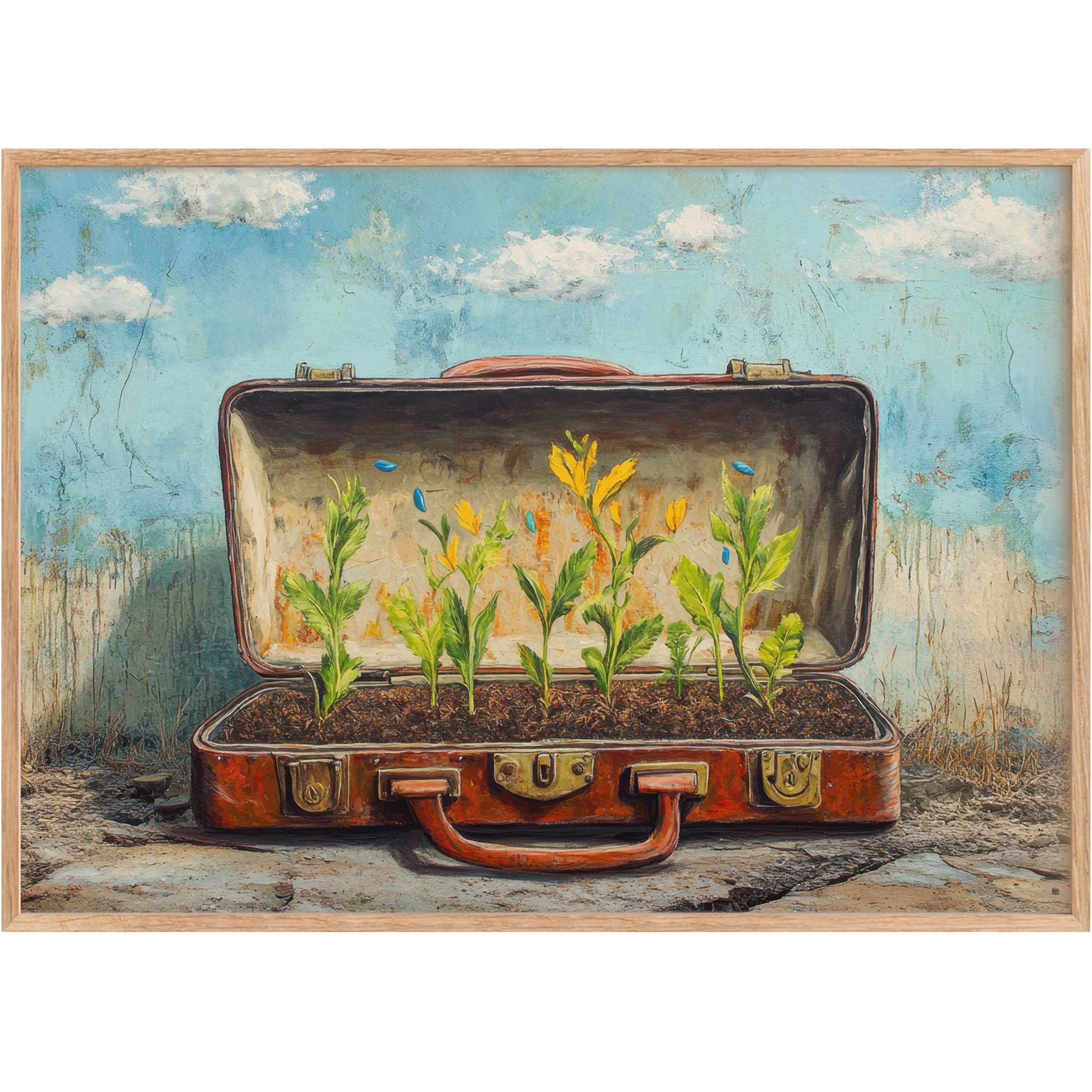 Street art printable wall art with vibrant green and yellow sprouts in a rustic suitcase, evoking fresh growth and hopeful renewal